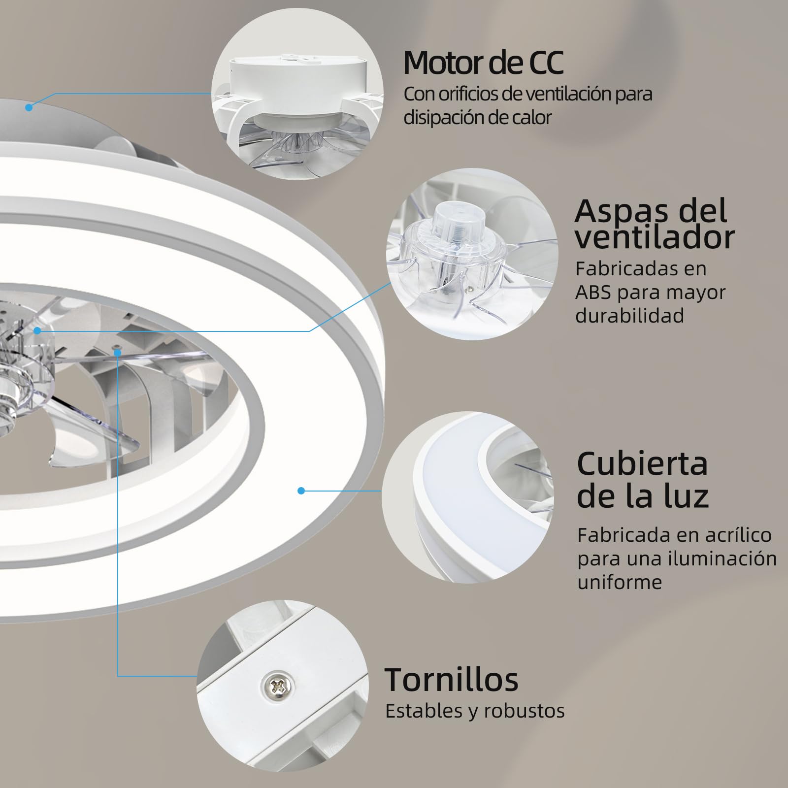 Ateroll Ventilador de Techo con Luz 41.5CM, Ventiladores de Techo 25W, Regulable 3000K-6500K-RGB, 6 Velocidad del Viento con Control Remoto, Temporizador, Memoria de Luz, Ventilador Reversibles