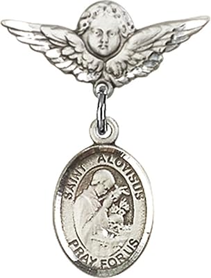 Sterling Silver Baby Badge with St. Aloysius Gonzaga Charm and Angel w/Wings Badge Pin 7/8 X 3/4 inches