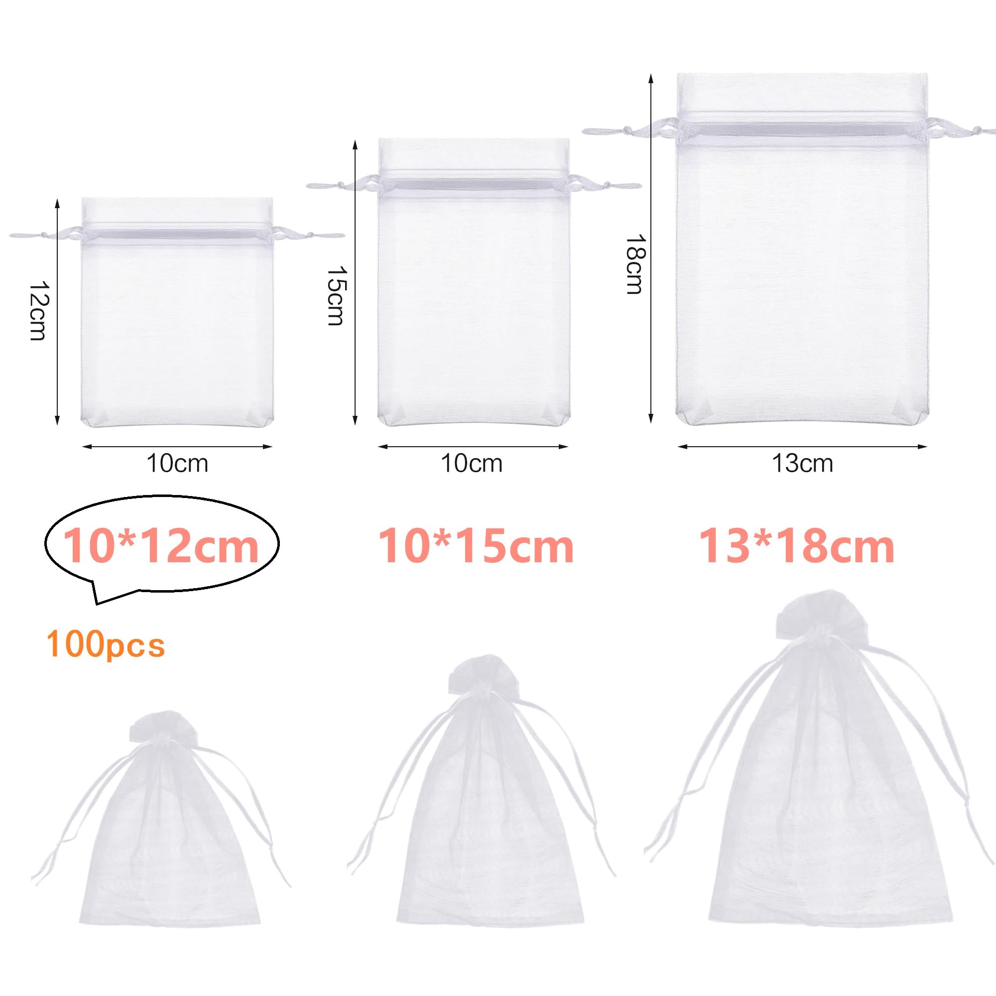 Rhimooay 100 szt. małych torebek z organzy, 10 x 12 cm, torebki na biżuterię, małe torebki ze sznurkiem na ślub, urodziny, prezent, słodycze - białe