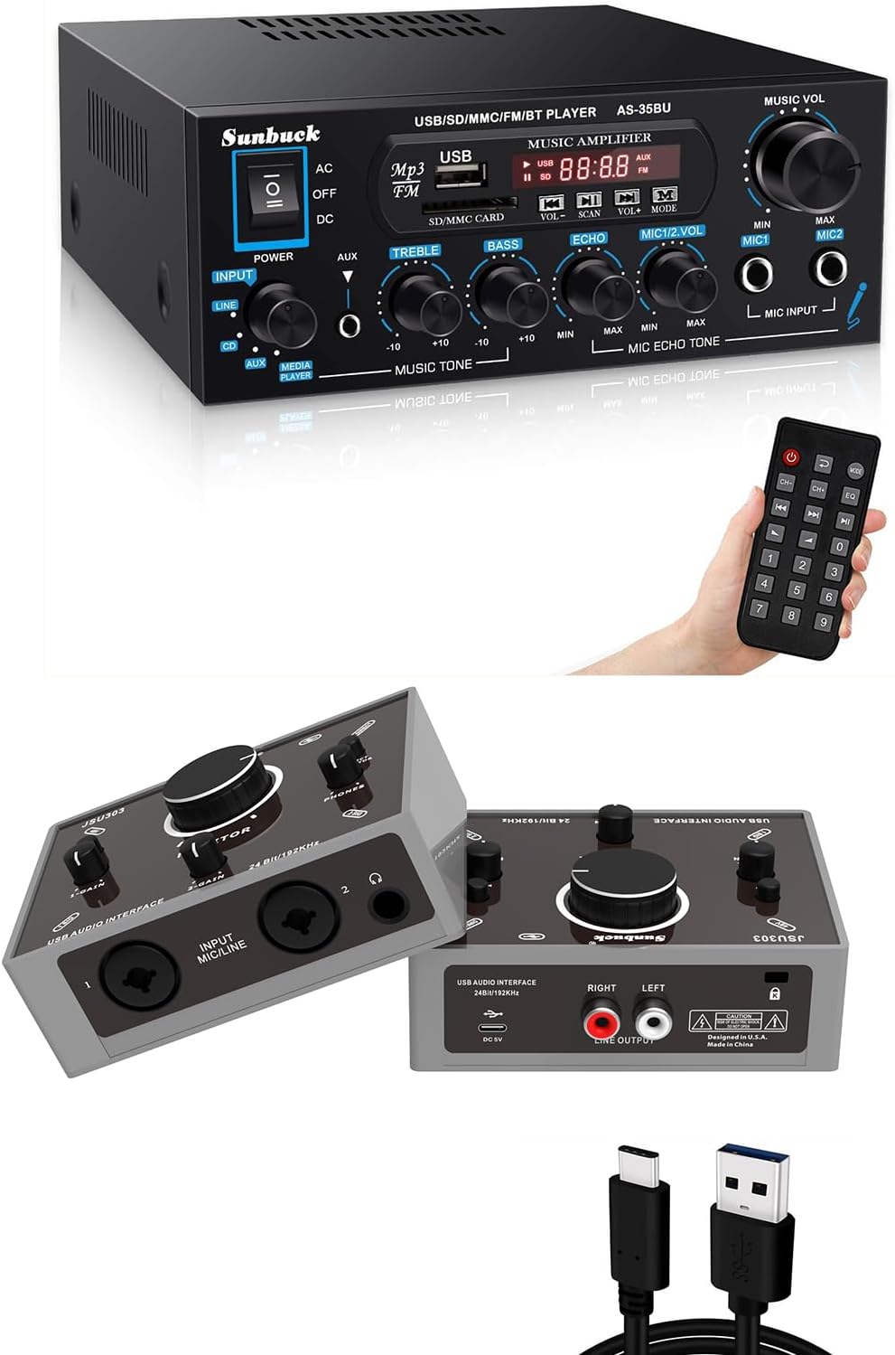 Front view of the Sunbuck AS-35BU Stereo Amplifier and the USB-C Audio Interface, showing controls and ports.