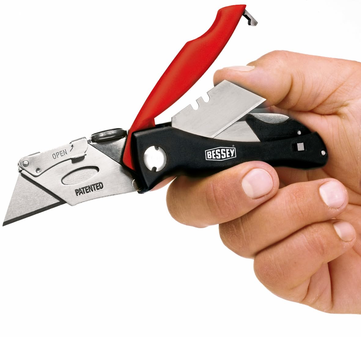 BESSEY Erdi Klingen-Klappmesser mit Kunststoffgriff DBKPH-EU, 160 mm Gesamtlänge 28 mm Schnittlänge, Klingenfach mit 5 Ersatzklingen, Gewicht 0,18 Kg