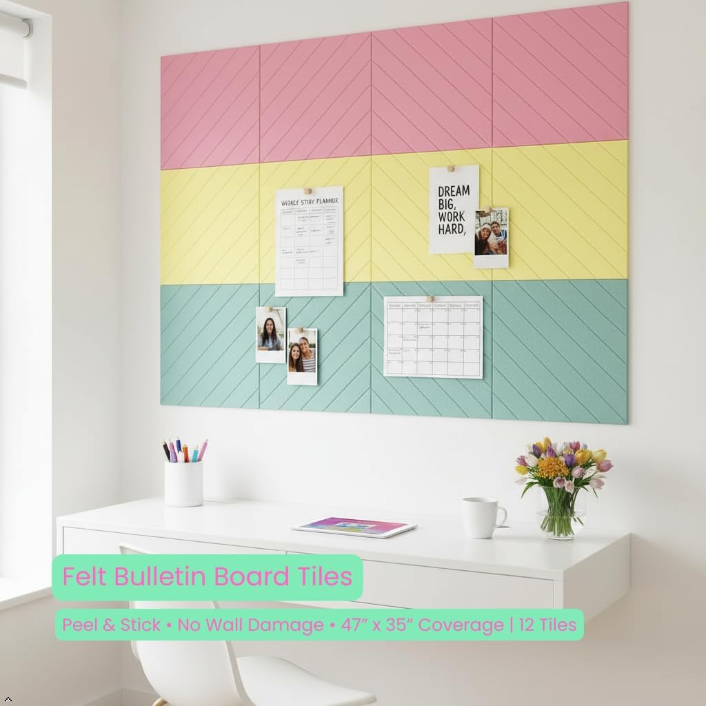 Decorative Felt Wall Tiles Bulletin Board - Large 47" x 35" Modern Pin Board Wall System for Home, Nursery, Dorm & Classroom - 12 Pack Cork Board Alternative with Push Pins & Adhesive Tabs (Sherbet)