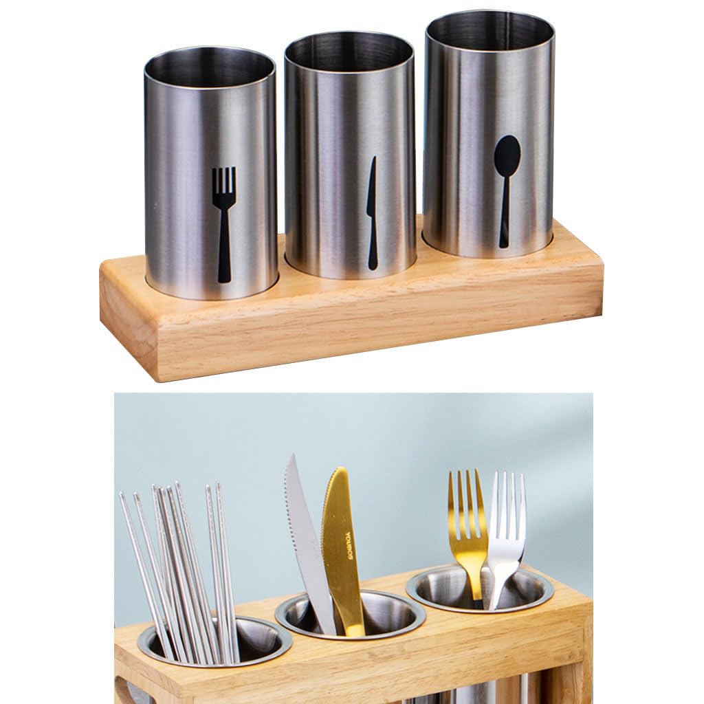 Portaposate In Acciaio Inox Con Base Legno - 3 Contenitori, Organizer Da Cucina Per Ristorante O Casa - Foto 2