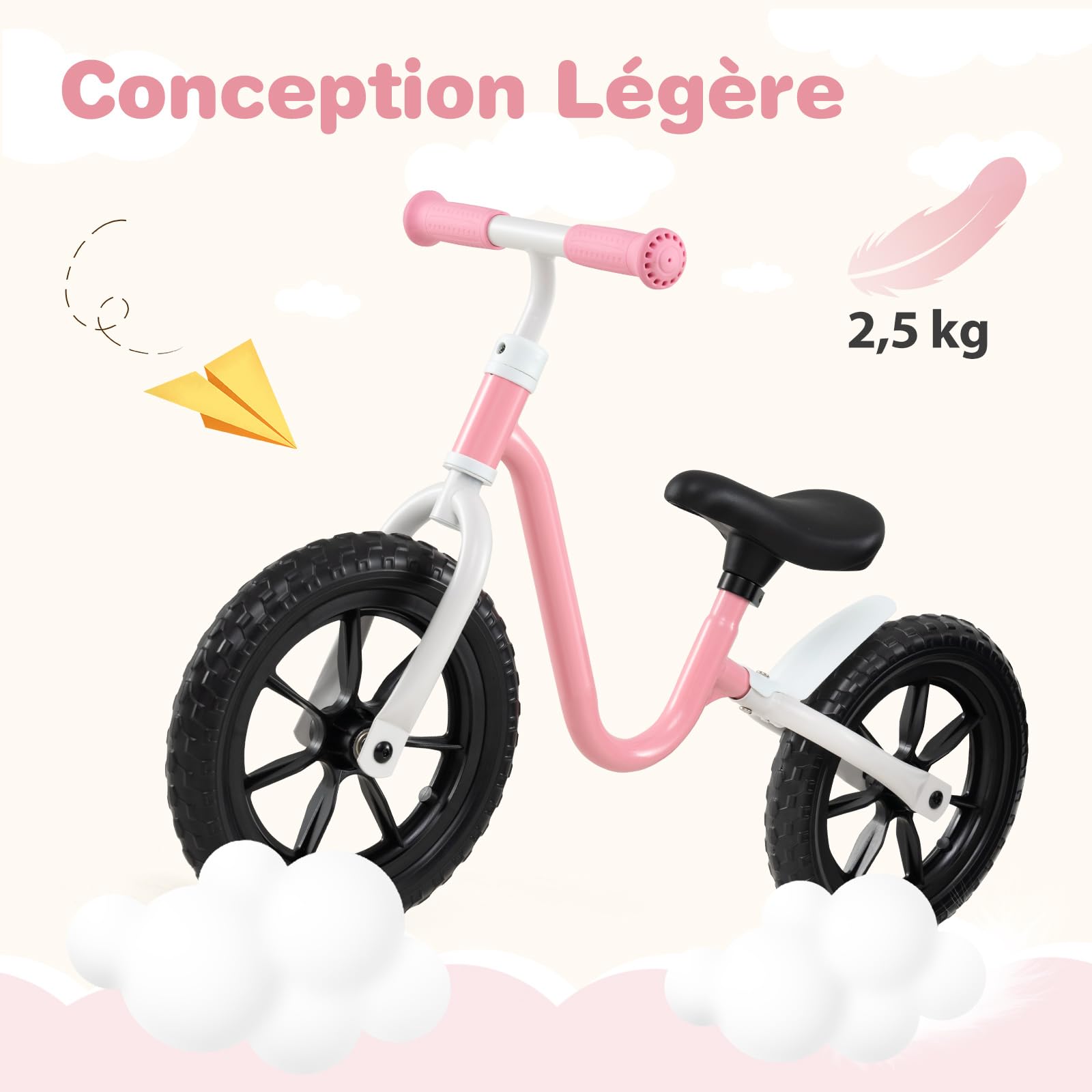 COSTWAY Draisienne Bébé Légère avec Guidon et Siège Réglables(37,5-42cm), Vélo Enfant sans Pédales avec 2 Roues en EVA, Charge 25kg, Vélo d'Équilibre pour 3 Ans+, Rose