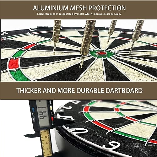 Foto von Dartscheibe Steeldart Set mit Dartscheibe Schutzring und Stahlpfeilen, Darts Surround Set aus komprimiertem Sisal-Metalldraht mit drehbarem Zahlenring, inklusive 6 Stück 18 g Darts
