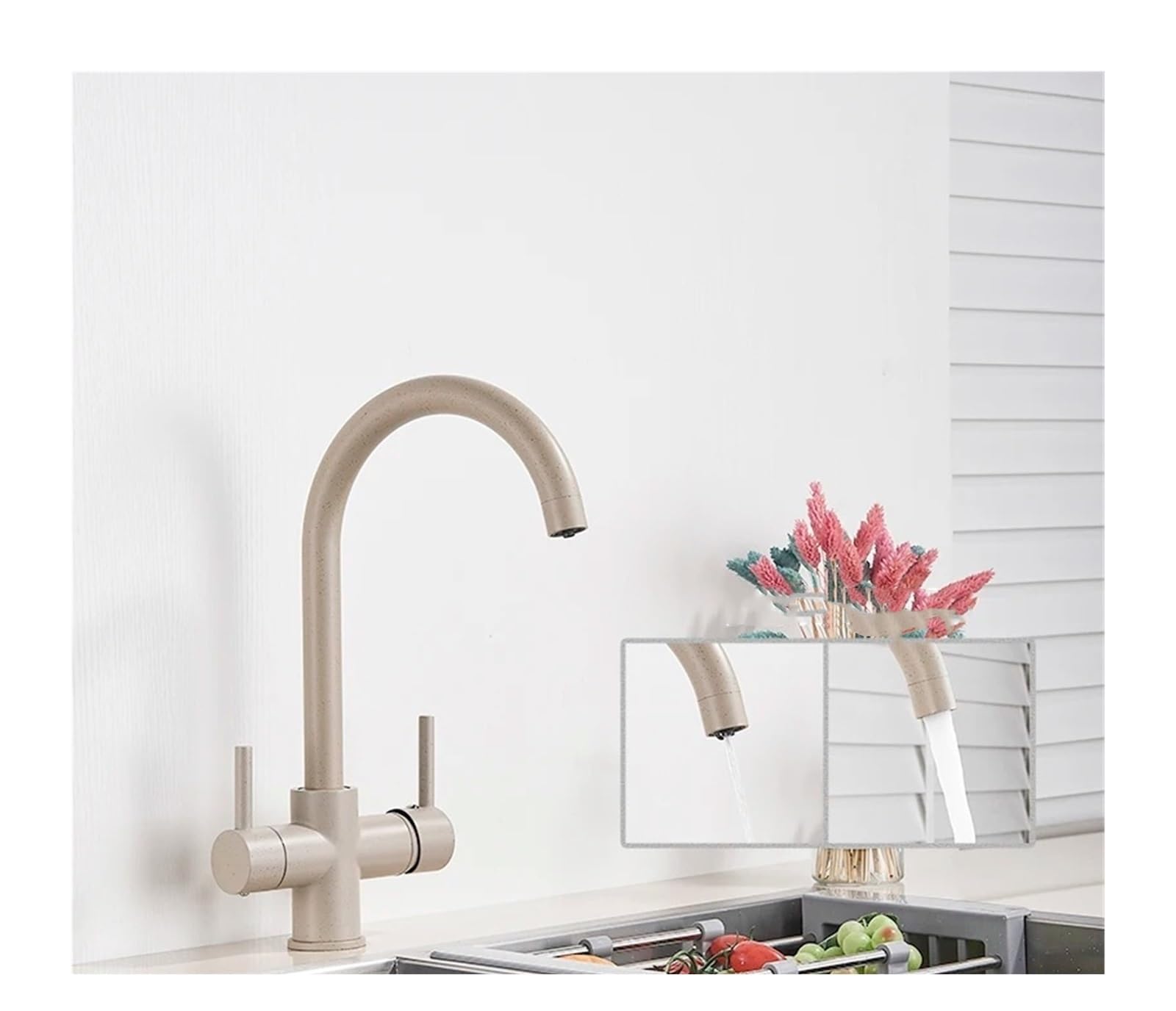 DFGHNBVC Brass Kitchen Sink Faucet, Faucet, Cold And Hot Mixed Drinking Water With Filter, Deck Installation, Double Handle Mixer Tap Faucet,Beige With Dots