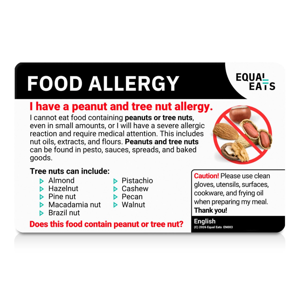 Equal Eats Peanut & Tree Nut Allergy Translation Card, Credit Card Size, PVC Material, English Language, Travel Dining Safety Card for Restaurants (Punjabi)