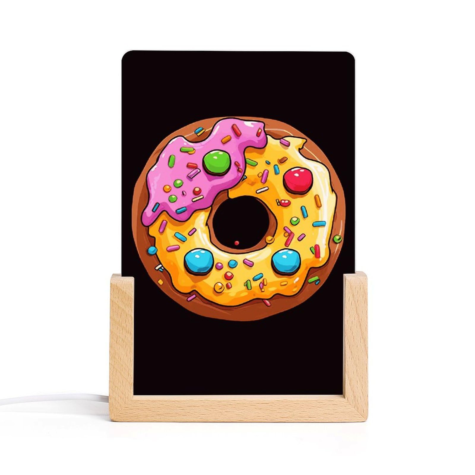 JTREHY Acrylic Night Light,Donut Printed Wooden Base LED Night Light Modern Home Decoration Light with USB Switch Cable for Bar Cafe Bedroom Room Decoration