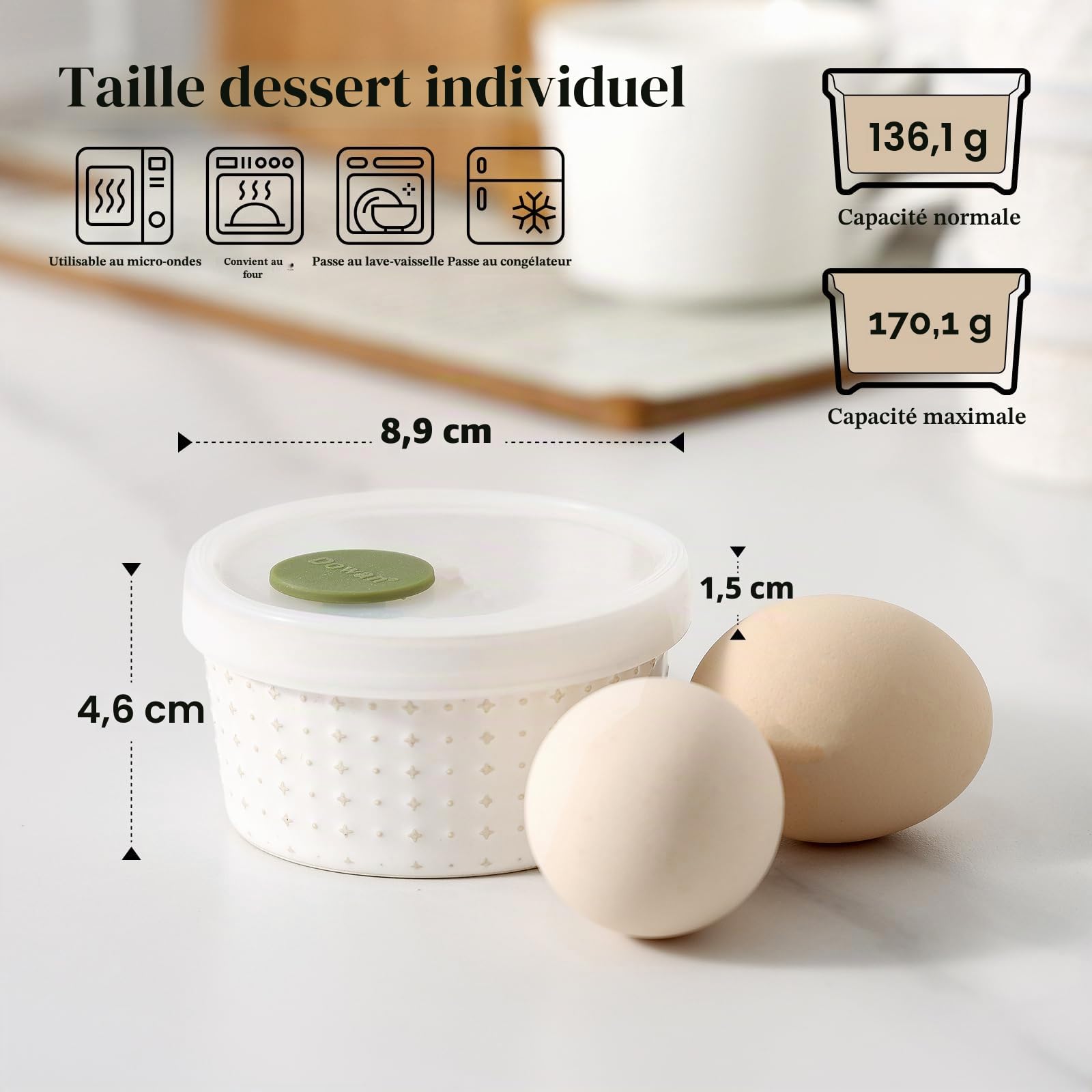 DOWAN Lot de 6 ramequins en porcelaine avec couvercles, ramequins pour crème brûlée, bols en céramique de 140 ml, résistants au four, pour soufflés, desserts, casseroles et trempettes