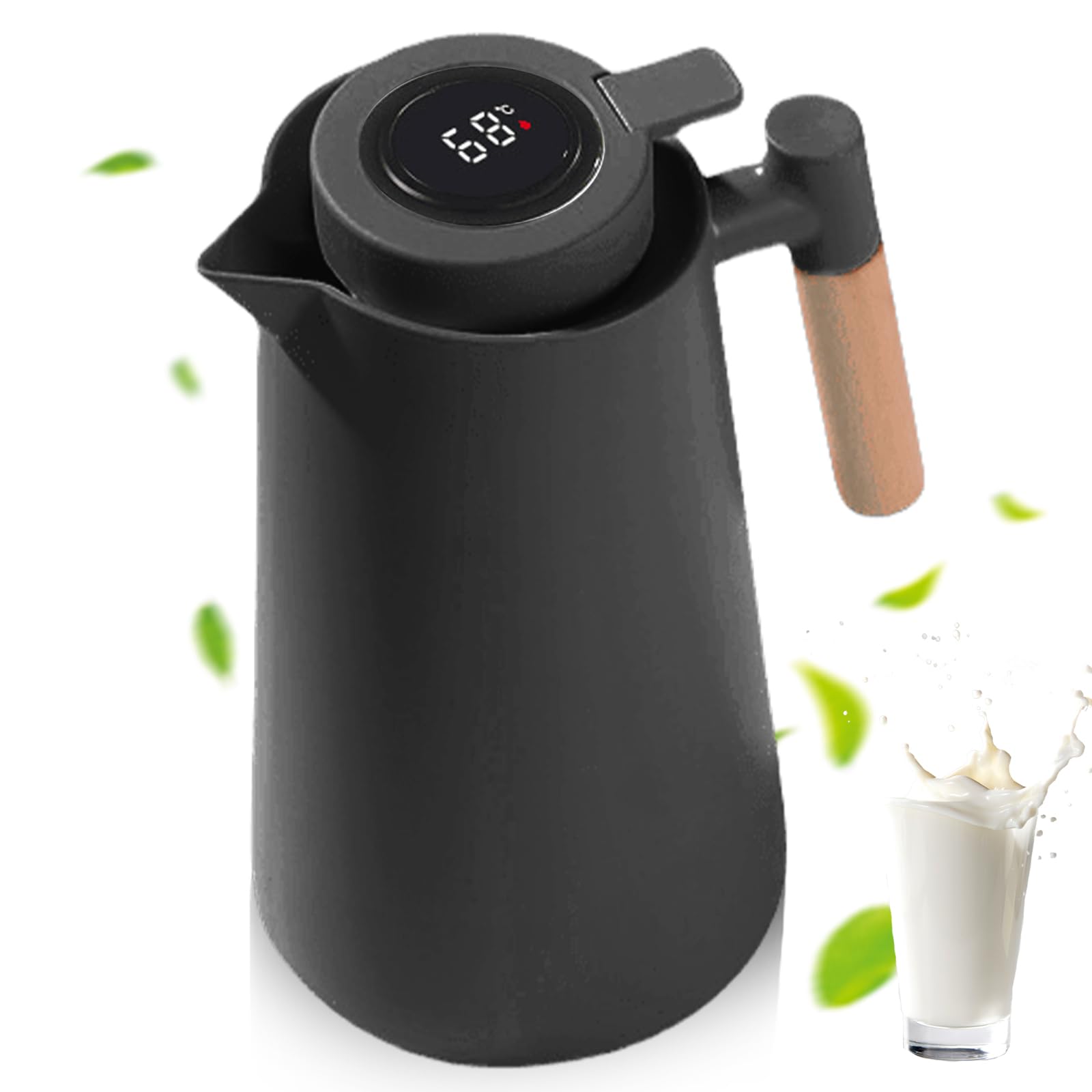 Thermoskanne 1L, Tee Thermoskanne mit Temperaturanzeige, Kaffeekanne Thermo mit Holzgriff, Isolierkanne mit Einfachem Sicherheitstaster, Teekanne Thermo, Thermosflasche Für Home Office Hotel, Schwarz