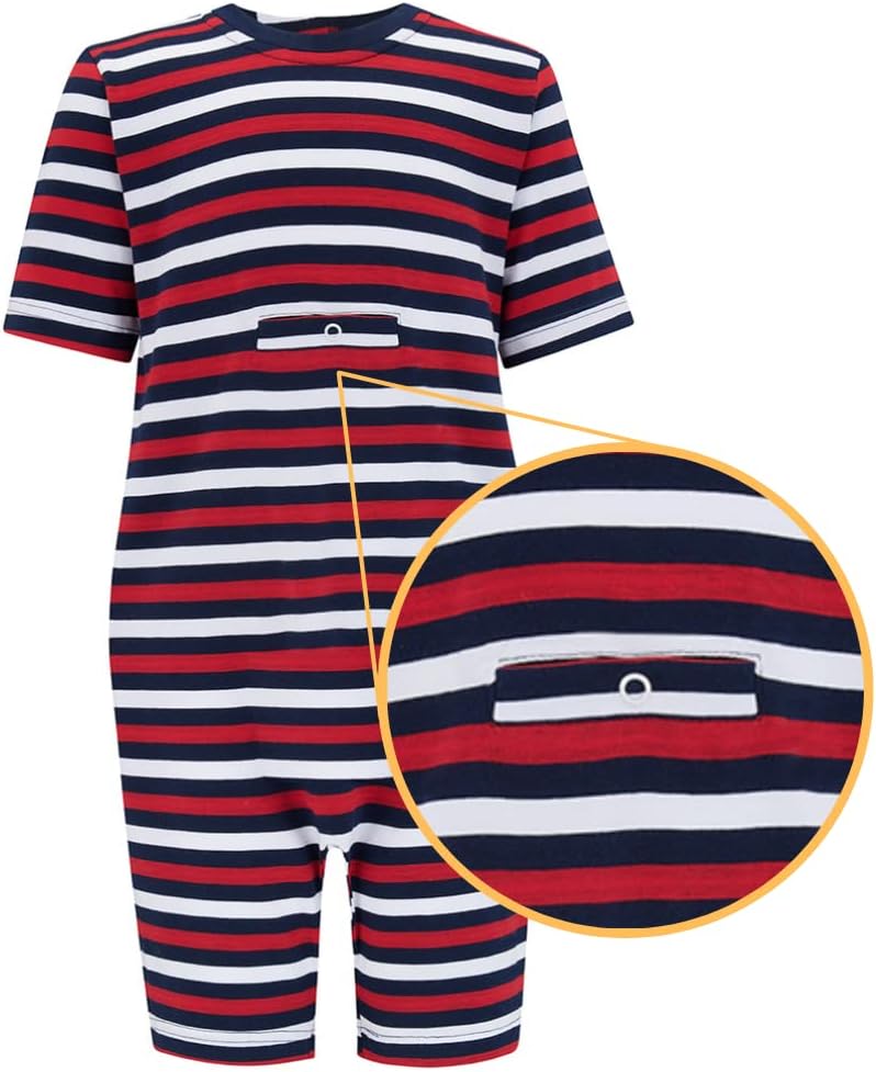 Kaycey Short Sleeve Knee Length Jumpsuit, Tube Access, Zip Back, Special Needs Adaptive Clothing, Cotton