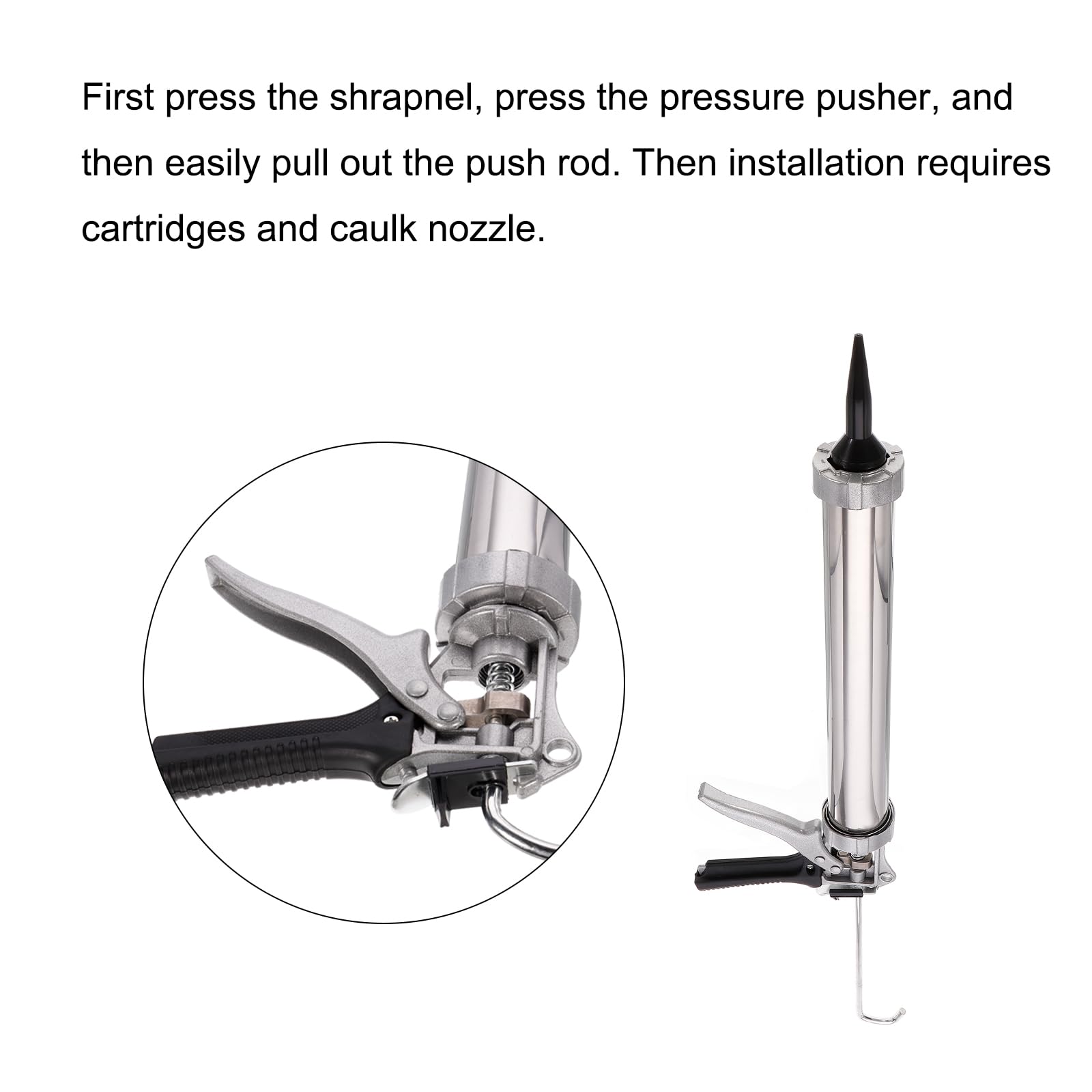 uxcell Pistolet à calfeutrer manuel à saucisses, cartouche de mastic en acier inoxydable, applicateur de tube de mastic 600 ml, rapport de poussée 12:1 avec buses cônes, ton argenté