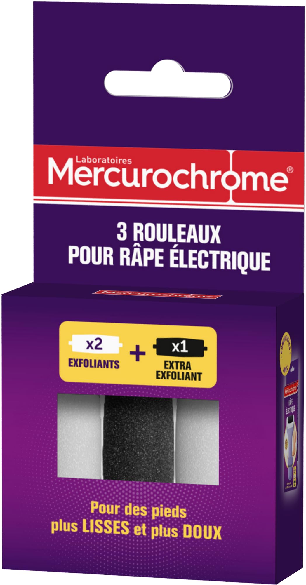 MERCUROCHROME - Electric Callus Removal Rollers - 3 Units - 2 Exfoliating Rollers - 1 Extra Exfoliating Roller - Removes Dead Skin, Horn and Callus - Care of Feet