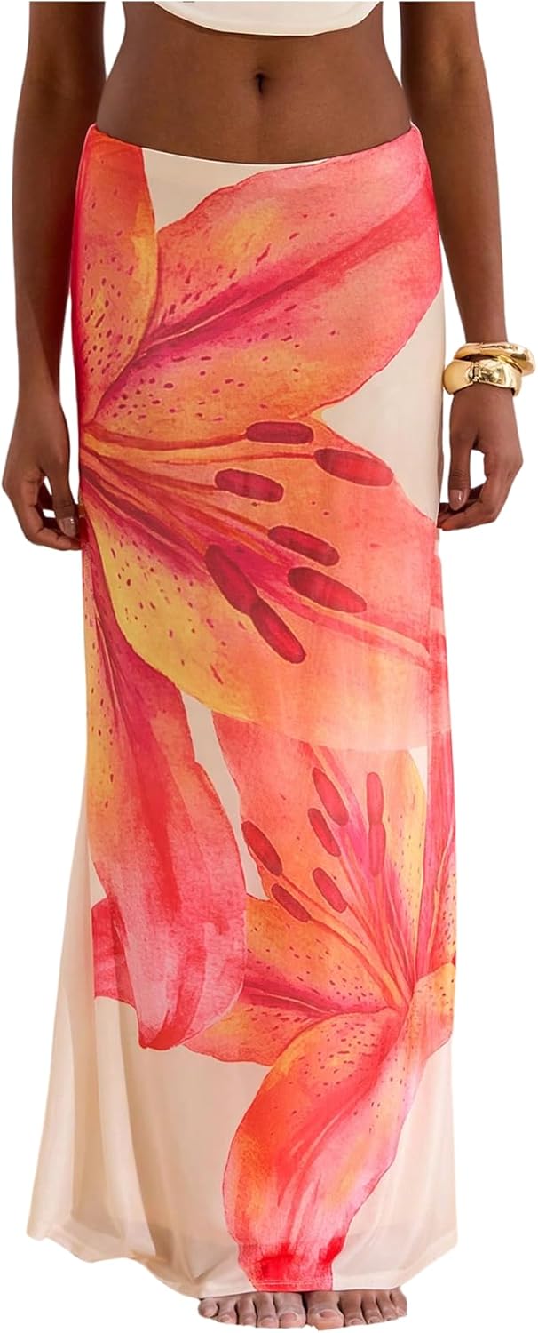 Milumia Women's Floral Low Waist Mesh Maxi Skirt Boho Bodycon Fishtail Long Skirts - Image 4