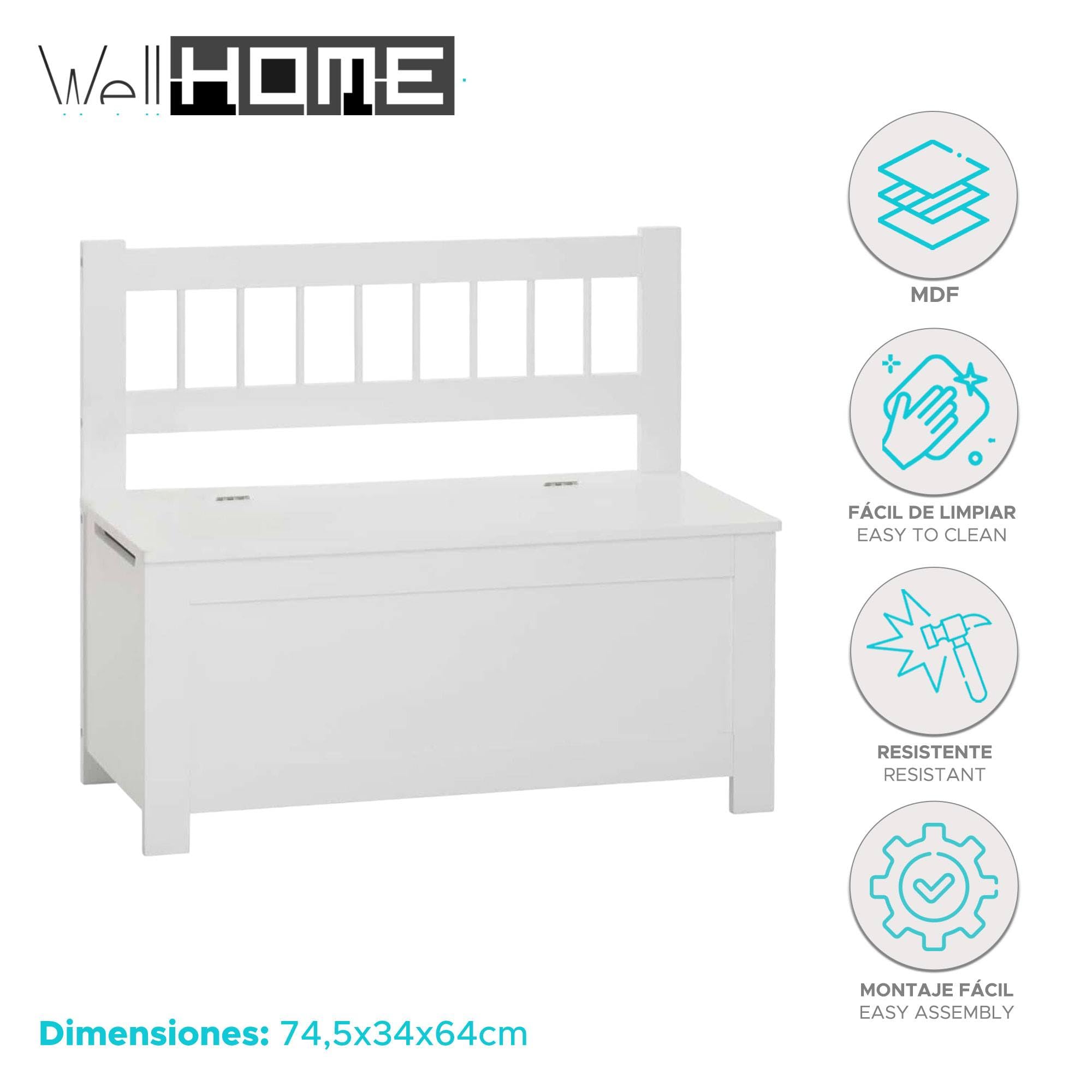 Banco de almacenamiento arcón infantil de madera blanco - 74,5x34x64cm