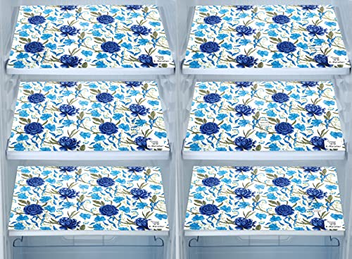 Image of Polyester 3-Layered Fridge Top Cover /Refrigerator Cover With Utility Pockets and Set of 6 Pc Fridge Mats (Color-Floral Blue, Size-39x21 Inch)