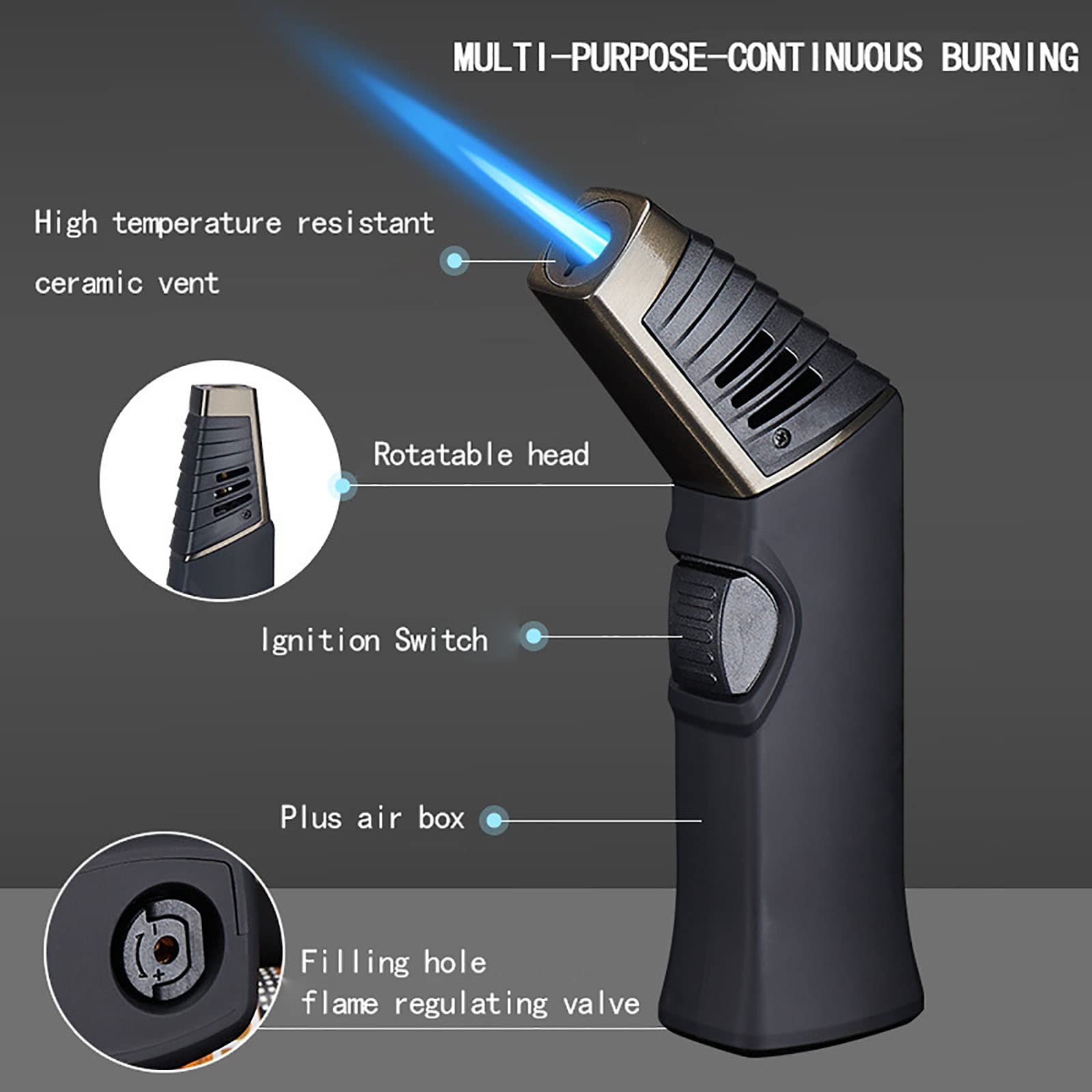 Encendedor de Antorcha de Cabeza Giratoria de Doble Forma Encendedor de Butano Recargable Jet Flame para Barbacoa Vela Camping Sin Combustible,Black,154 * 38mm
