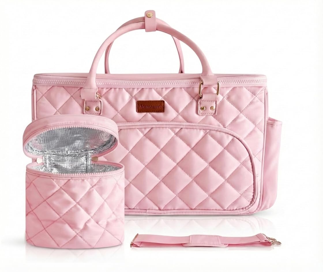 Diaper Bag Tote with Dividers, Zipper, Top Cover and Strap, Larger Size with insulated storage bag - Pink