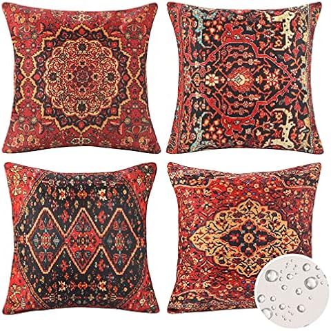 Waterproof Linen Cushion Covers Decorative Cushion Cover Boho Decorative Cushion Covers Antique Oriental Turkish Rug Pattern Cushion Cover 45 x 45 cm for Outdoor Farmhouse Sofa Colourful Red Set of 4 Cover