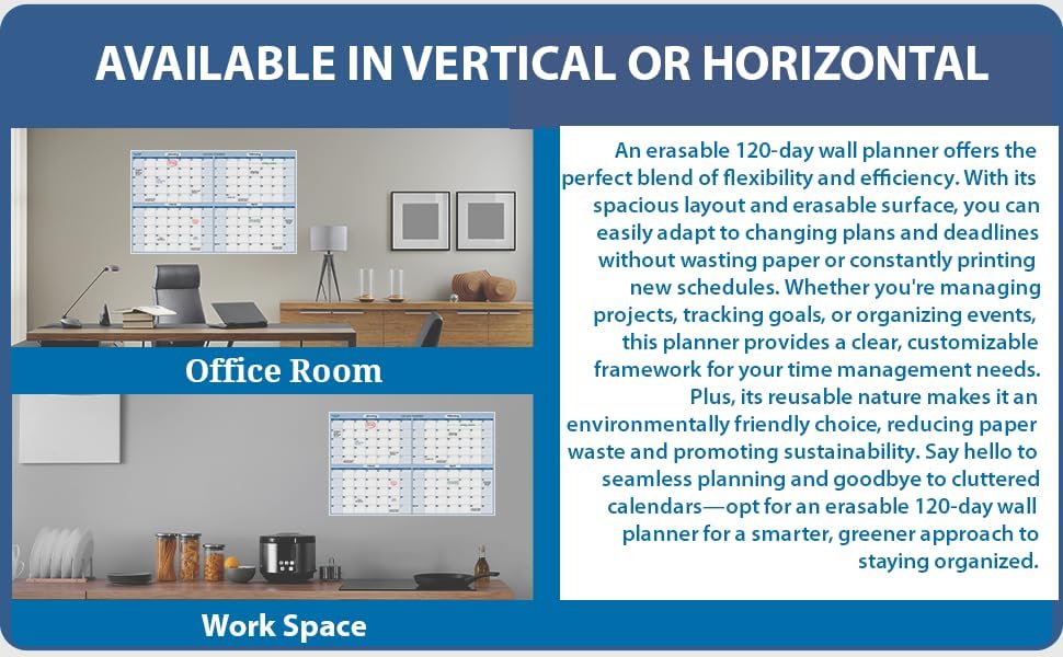 Miniatura 5 de PlanetSafe Calendars - Calendario de pared horizontal de 120 días, planificador de pared borrable en seco y húmedo de 4 meses, calendario mensual