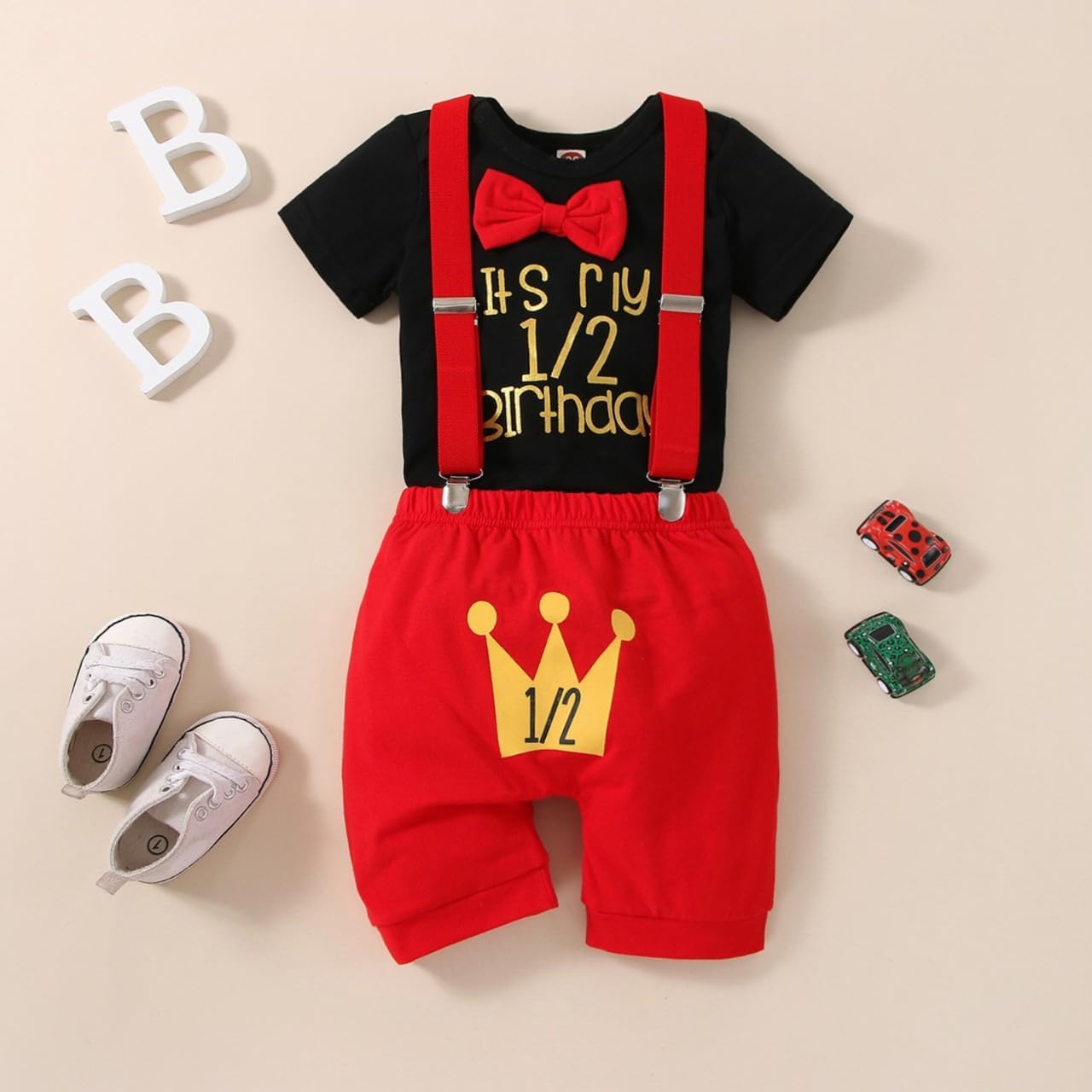 Baby Boy 1/2 First Birthday Outfit Half Way to One Birtday Cake Smash 4pcs pants Set Suspenders Romper Photo Shoot