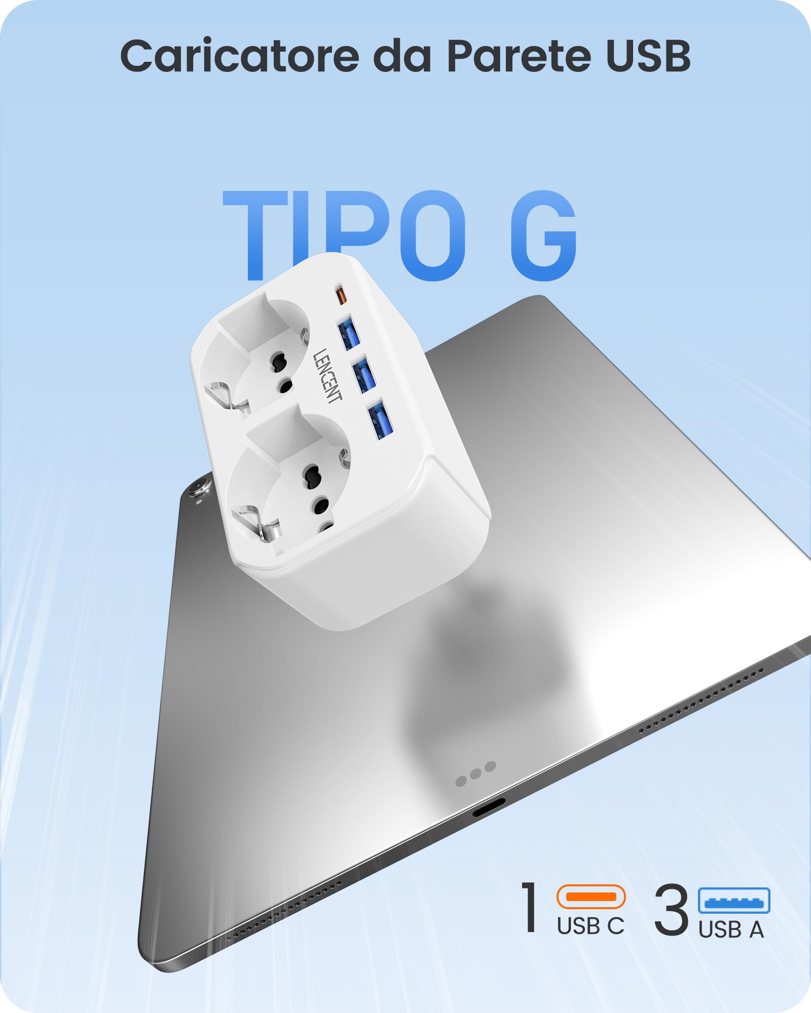 LENCENT Adattatore Presa Inglese 6 in 1 Spina Tipo G 2 Prese CA 3 USB 1 USB-C 3250W UK Viaggio