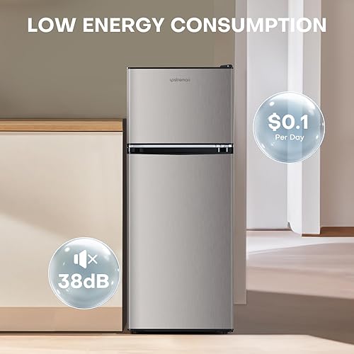 Miniatura 5 de Upstreman Mini refrigerador de 4.0 pies cúbicos con congelador, artículos esenciales para dormitorio, puerta doble, refrigerador pequeño para