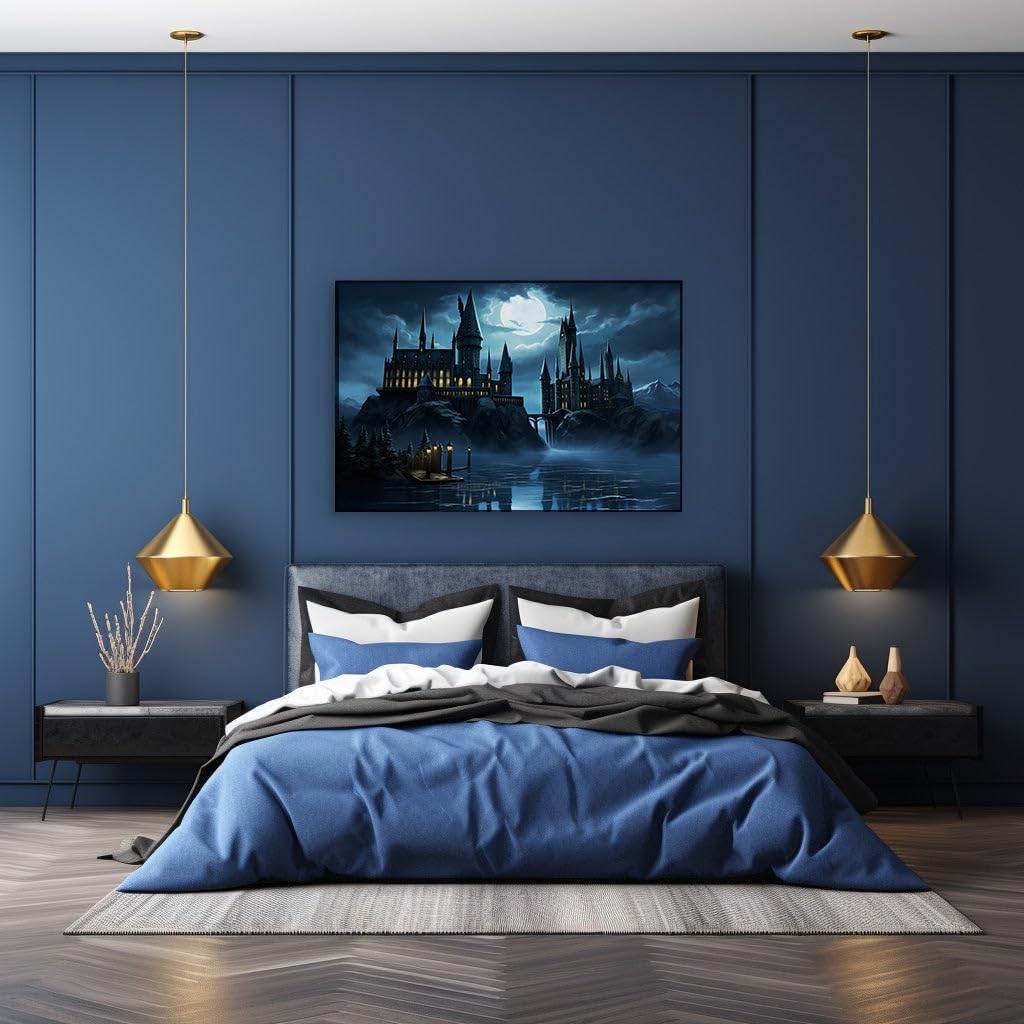 Canvas for Living room. Enchanted Evenings at catle: A Moonlit Castle's Magical Allure, 27 x 18 inch Canvas Wall Art - Watercolor Painting - Nature Home Decor