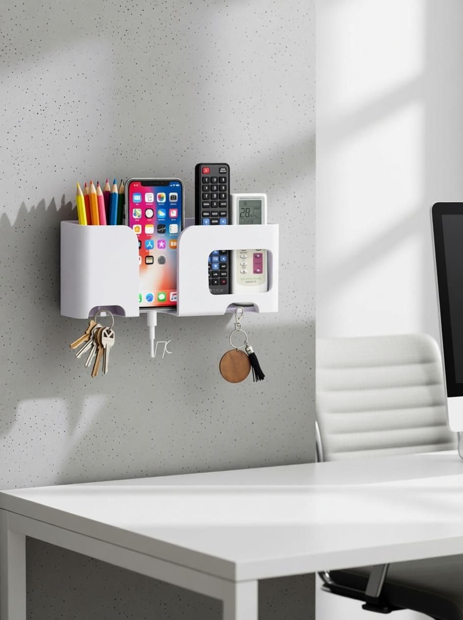 DSNS Mobile Wall Mount Stand Phone Holder with Remote Control Storage Racks, Key Hanger, Pen Holder Space/Self-Adhesive/Multi Purpose Accessories Pack of 1 (White)-picture-11