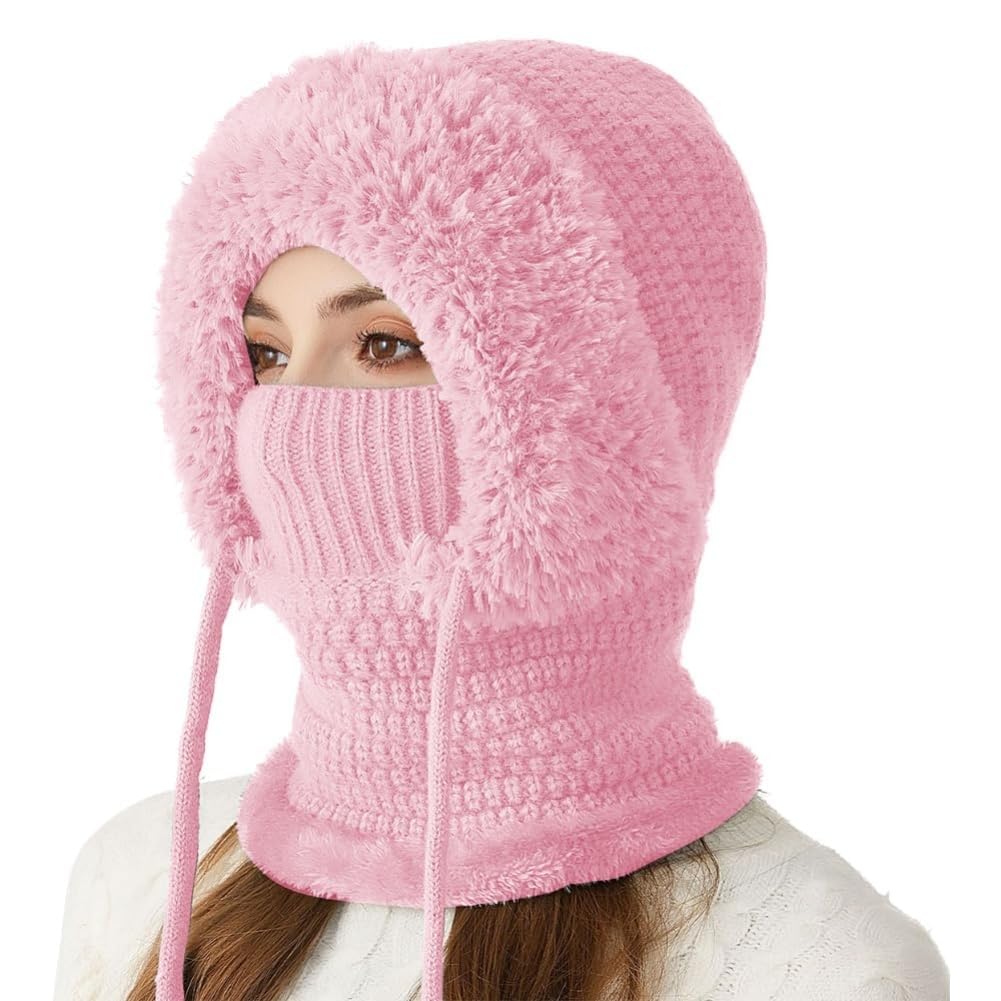 Generisch Gorro 3 en 1 con bufanda y máscara, gorro de punto para mujer, con forro polar, juego de máscaras de invierno