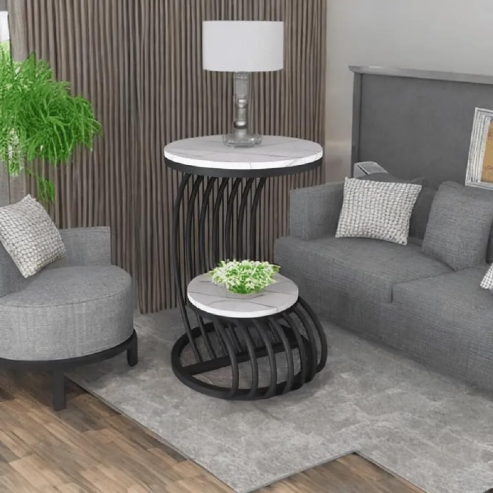 Device Bas with BROWN ART SHOPPEE MDF Top Metal Bedside Cabinet Small Round Table (Black/White)