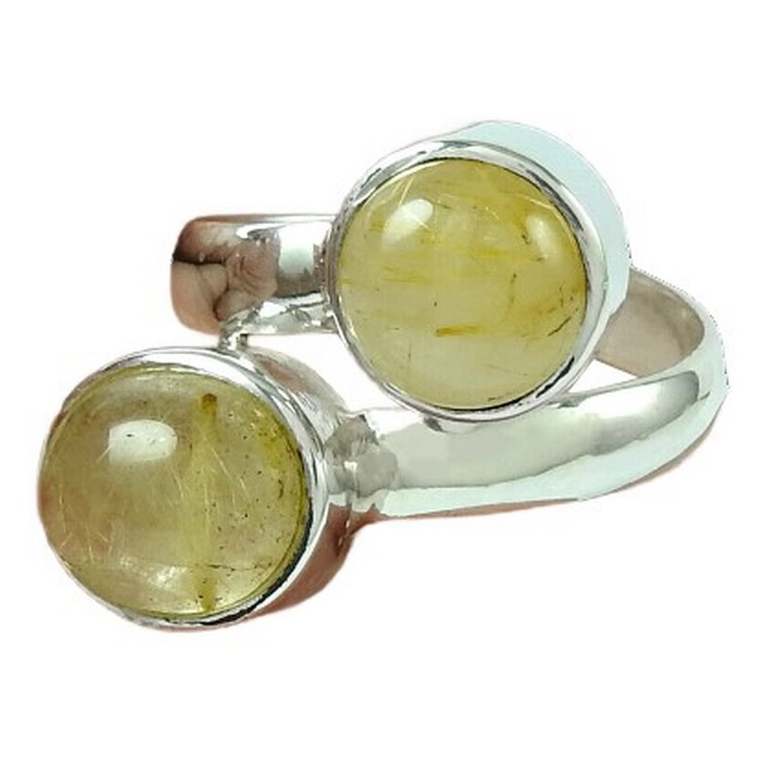 Anillo hecho a mano de diseño antiguo de boda apilable con piedras preciosas de rutilo dorado, anillo redondo de 2 piedras, anillo elegante, anillo de promesa