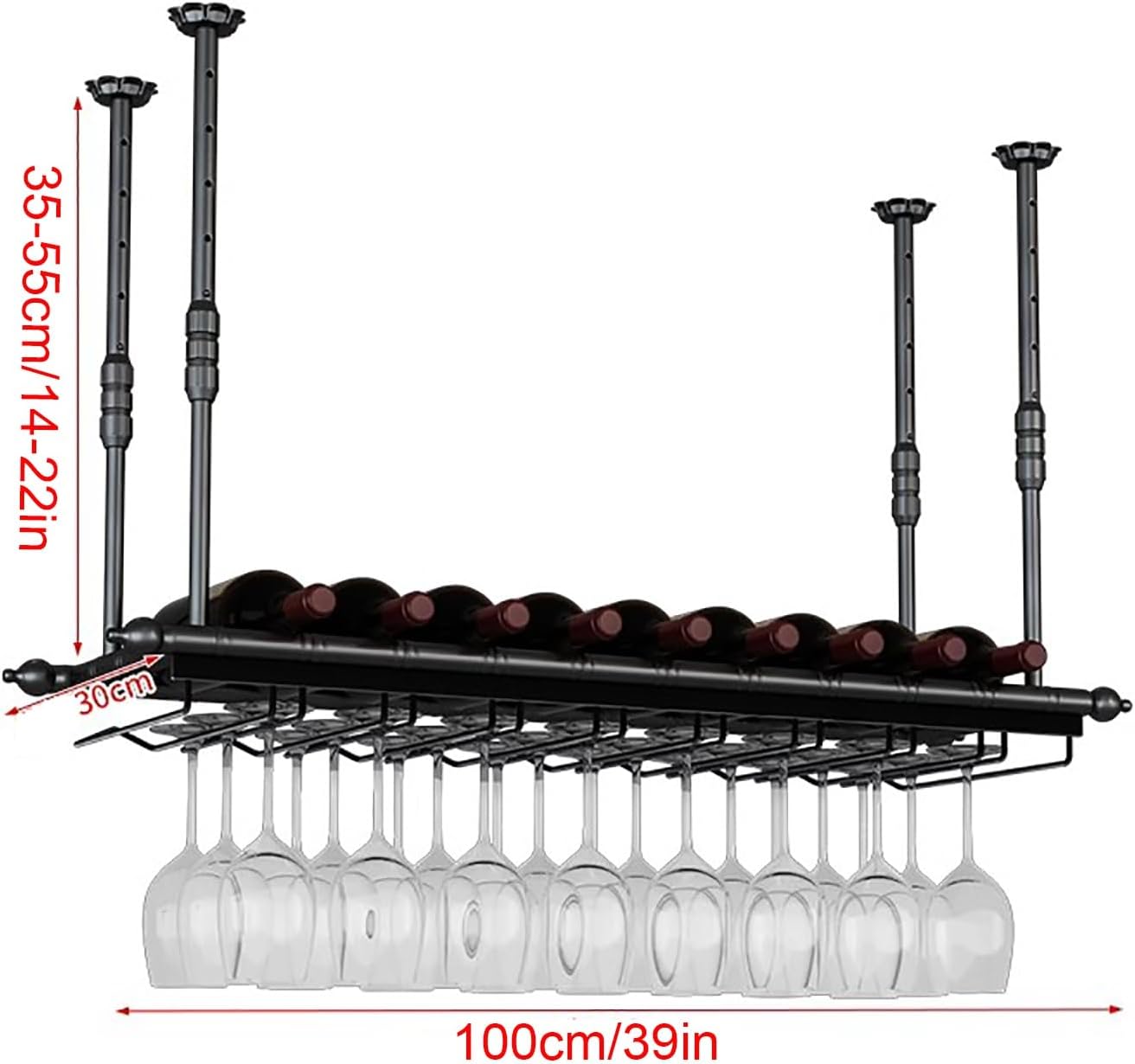 Black Wine Glass Holder, Ceiling Iron Wine, Wine Glass, Height and Width Adjustable, Industrial Wine S Wall Mounted with Bottle Holder (100Cm/39In)