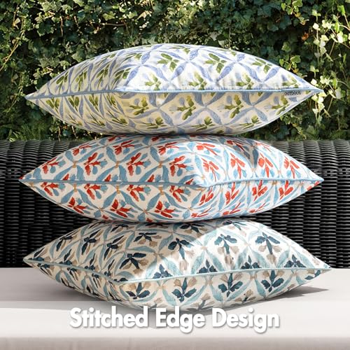 Image of MIULEE Pack of 2 Decorative Outdoor Waterproof Throw Pillow Covers Flower Print Chic Boho Accent Pillow Covers for Square Garden Patio Cushion 12x20 Inch, Blue-Rust