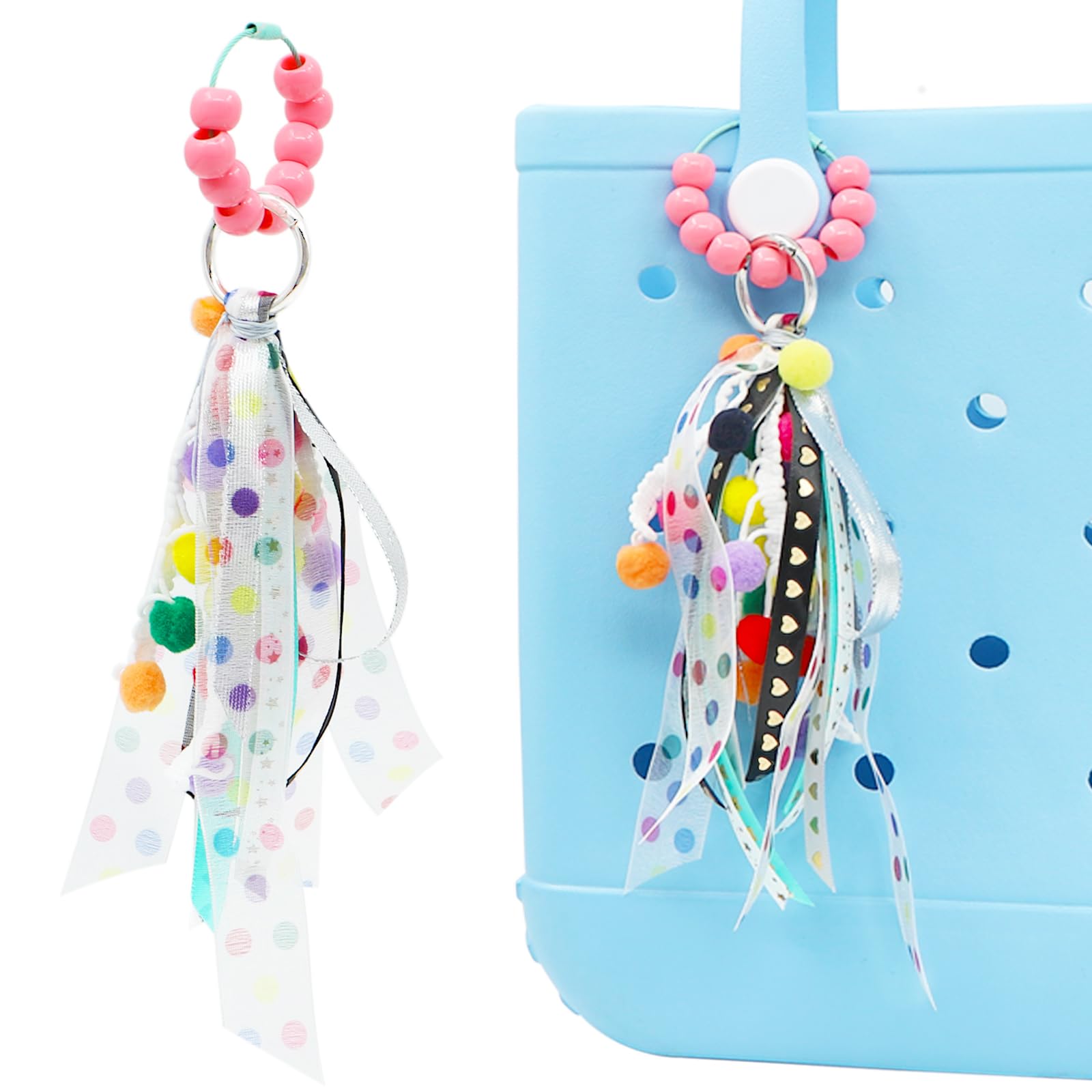 QTKJAccessories for Bogg Bag, Keychains for Women, Ribbon Colored Beads Key Ring Charms, Compatible with Women Rubber Beach Straw Bag Tote Handbag Decoration, Pendant Ornaments