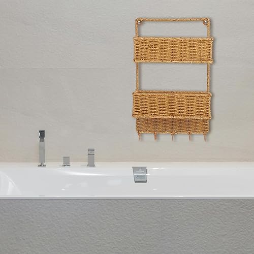 Miniatura 8 de Angoily Cesta clasificadora de almacenamiento tejida de 2 niveles con 5 ganchos, cesta de frutas colgante de ratán para cocina, verduras,