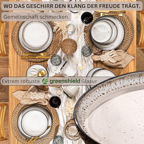 SÄNGER Sansibar | Teller Set 6 Personen, Steingut Geschirr Set 6 teilig, Speiseteller Essteller Dinner Set kratzfest, Plates Set spülmaschinenfest, Steingut Speise Teller hellgrau | VALUE COLLECTION
