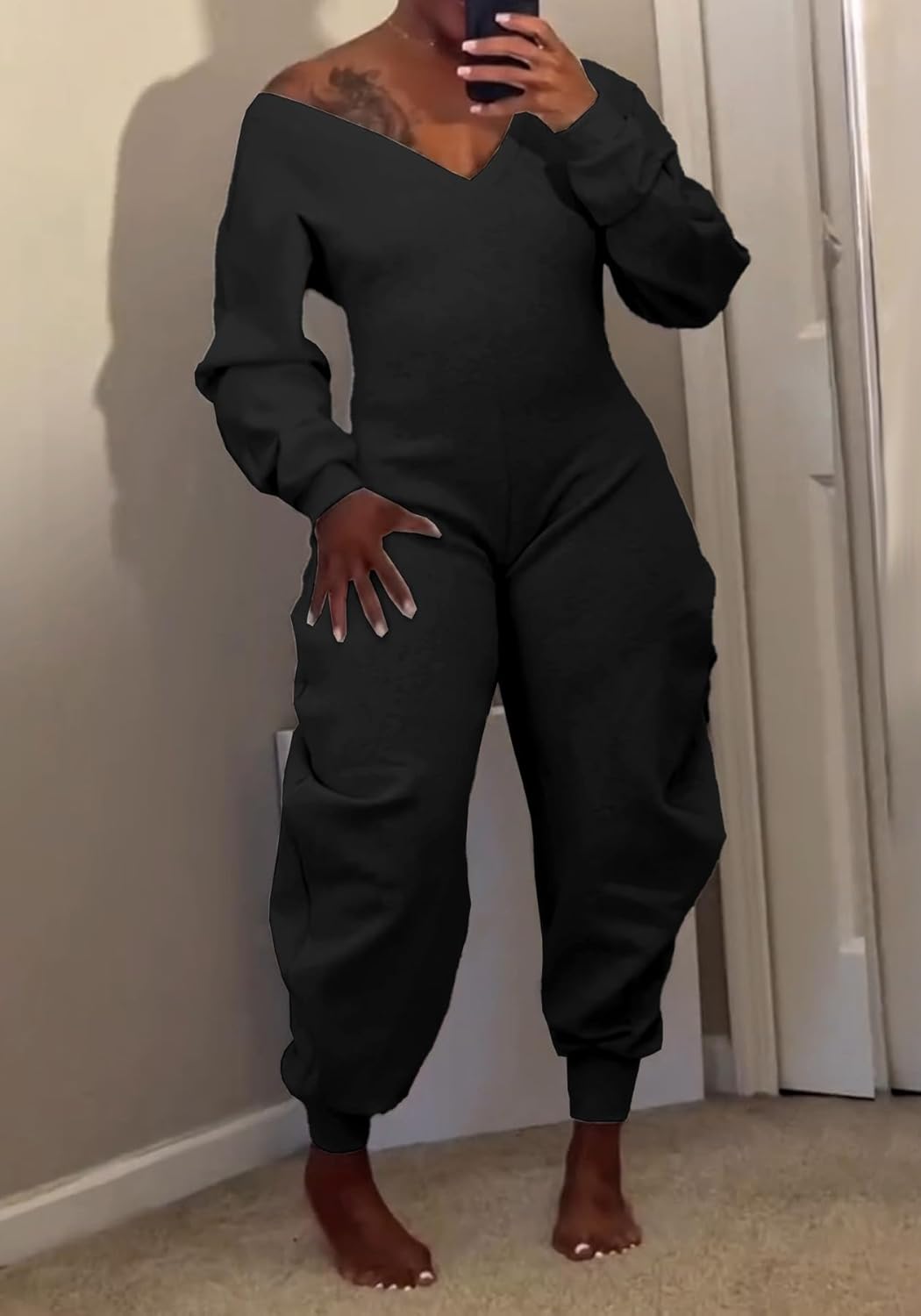 Famnbro Womens Fall Jumpsuits V Neck Off Shoulder Long Sleeve Solid Wide Legs Sexy Casual One Piece Jumpsuit - Image 6