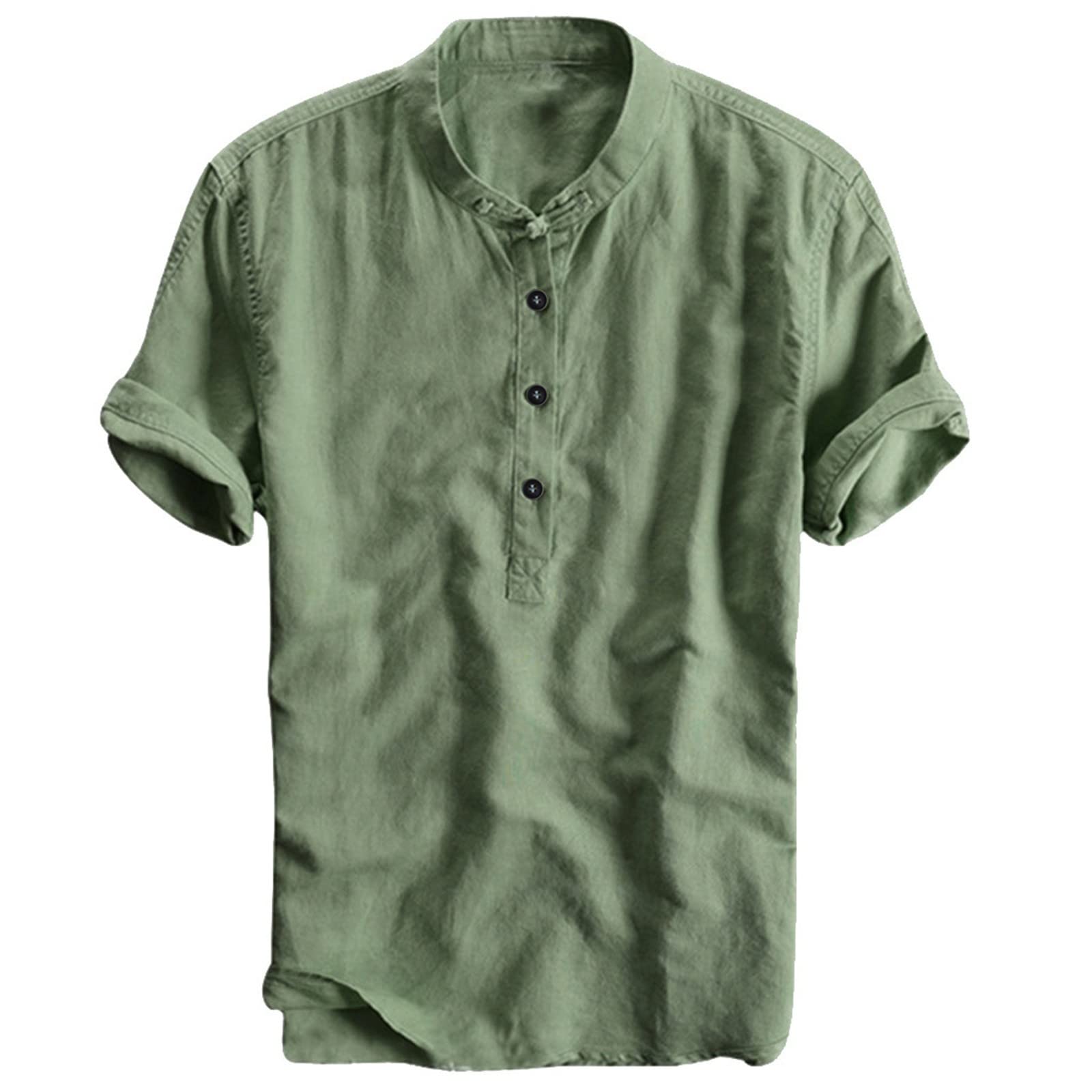 Generic Camisa de lino de verano para hombre, de manga corta, de verano, con botones, monocolor, playa, vacaciones, ocio, verano, informal, corte regular, parte superior