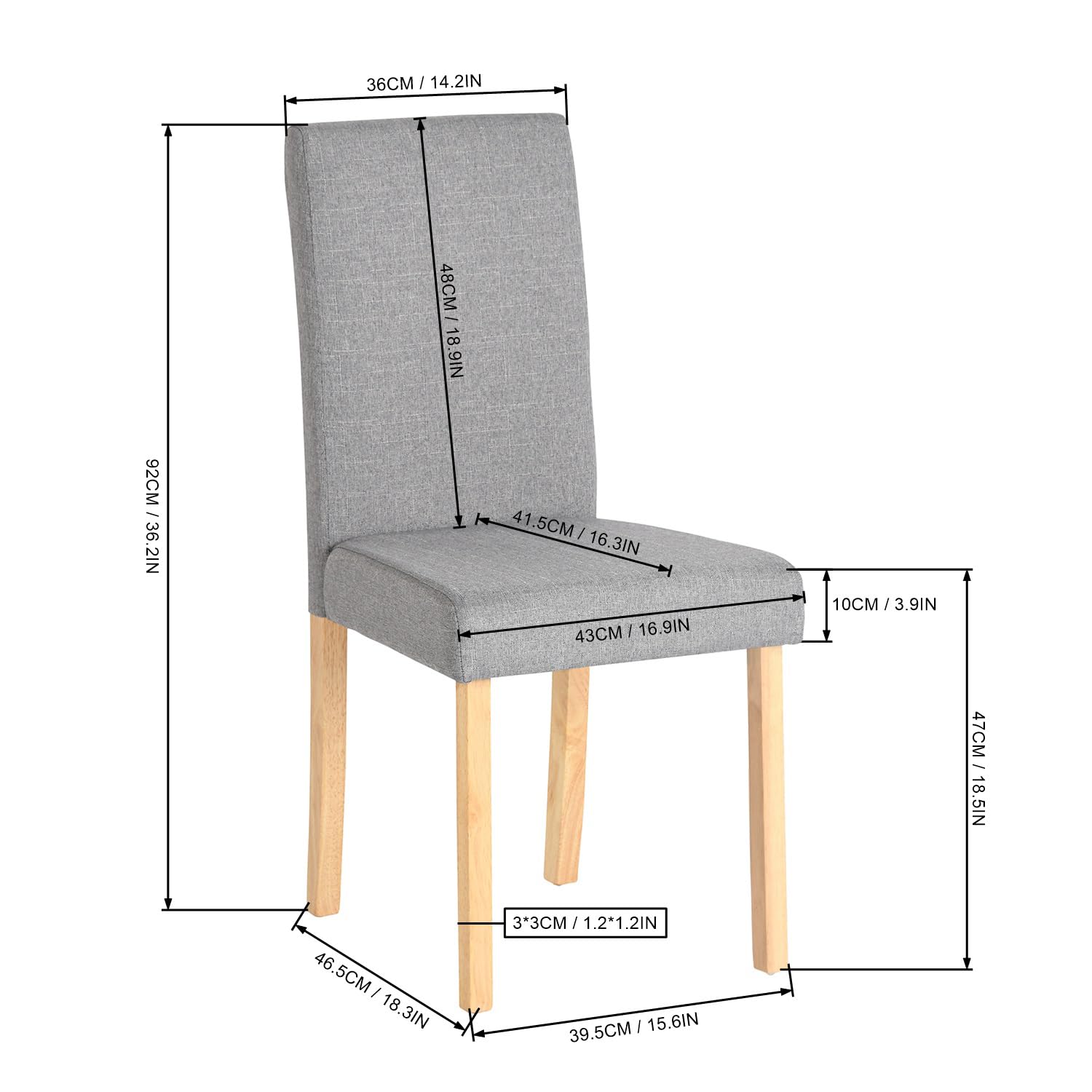 EGGREE Sedie da Pranzo Set di 2 Grigie Tessuto Lino Sedie Imbottite con Seduta e Schienale Spessi, Gambe in Legno di Gomma Resistenti, 43 × 46,5 × 92 cm, Design Moderno per Cucina e Sala da Pranzo
