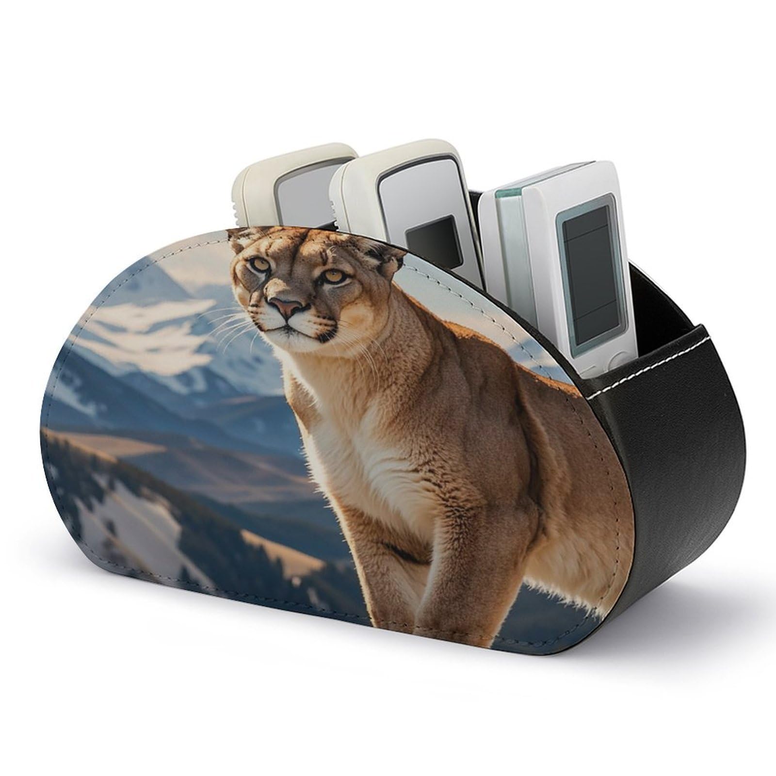 FekiLoot Leather TV Remote Control Holder with 5 Compartments Multifunctional TV Remote Holder Bedside Table Remote Caddy Storage Box Panther & Mountain Lion Remote Organizer for Home Office