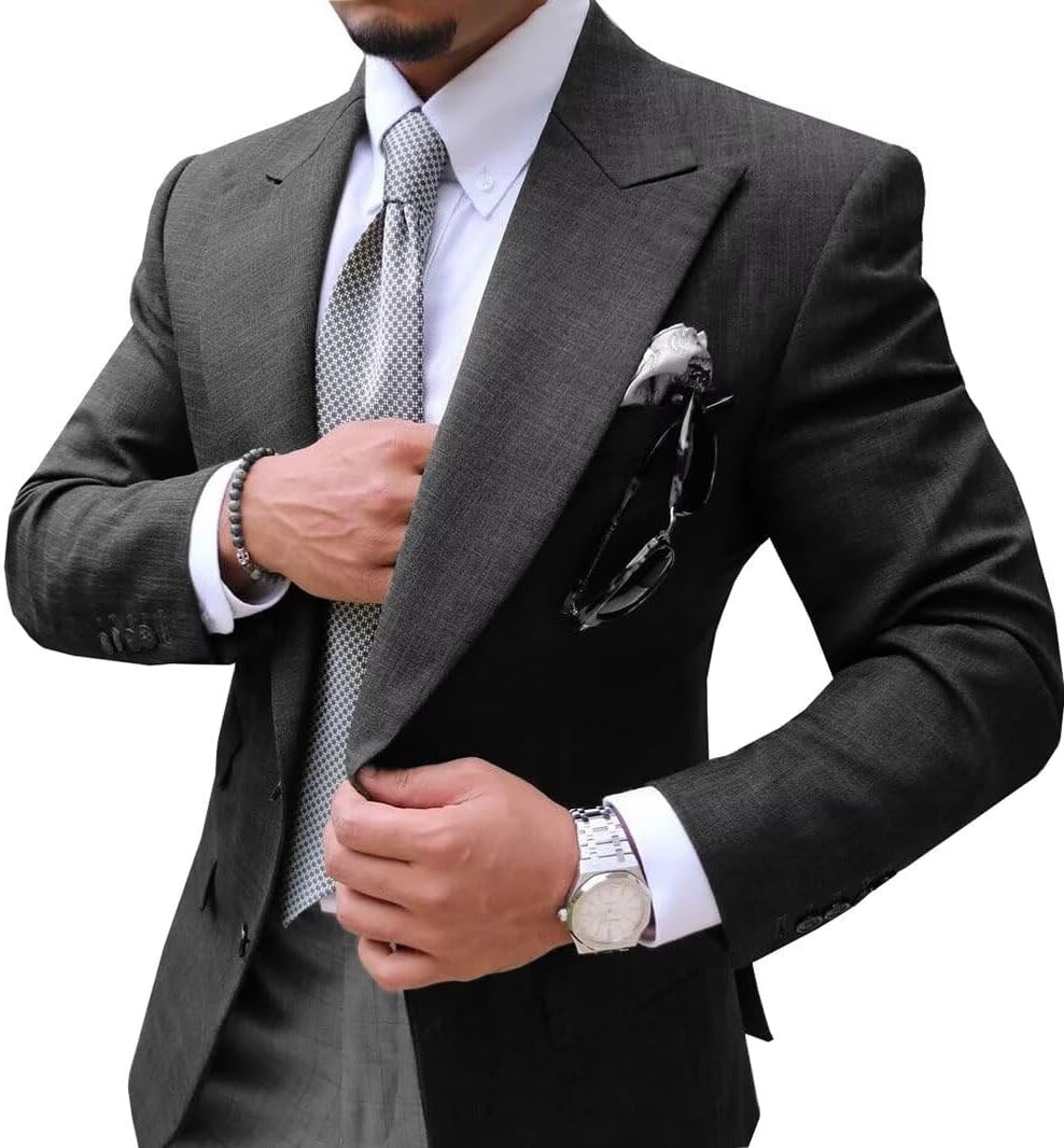 Men‘s Suits Linen Peak Lapel Slim Fit Tuxedo Set Single Breasted Jacket Pants Wedding Prom Party