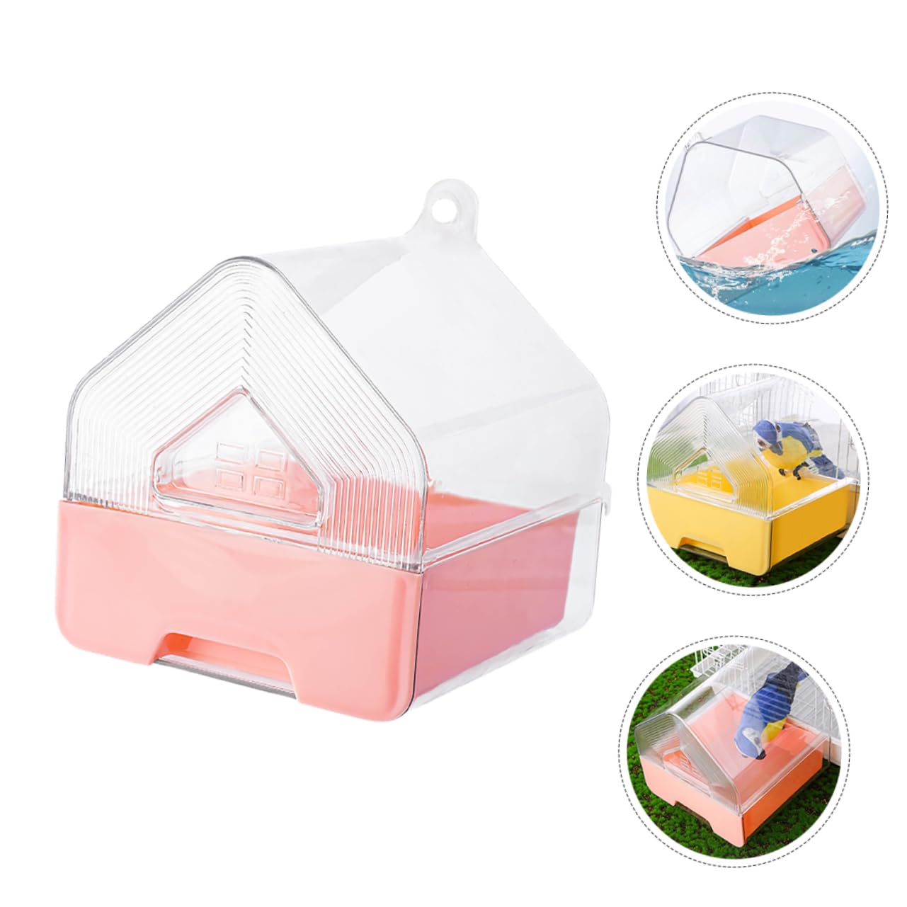 Sosoport Bain de Cage à Oiseaux avec Tiroir, Design Suspendu, 2 Pièces | Plastique, Rose et Jaune, pour Perruches et Calopsittes, Usage en Cage, Format Compact