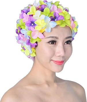 Vintage Floral Petal Retro Swim Caps Bathing Cap for Women, Ladies Flower Long Hair Care Bath Cap Hat Women Casual Sports Swimming Hat, Retro Breathable Swim Caps with Flowers