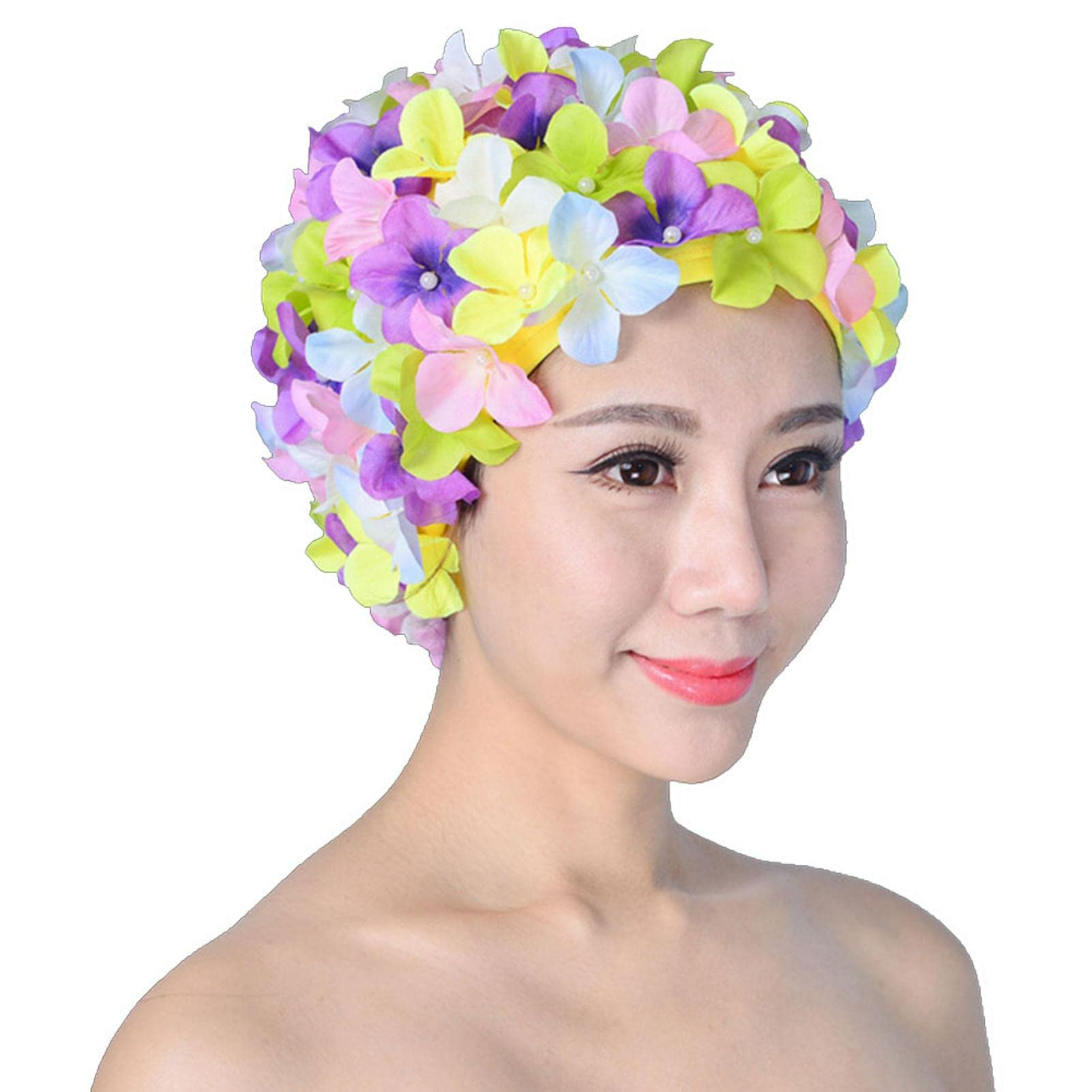 Vintage Floral Petal Retro Swim Caps Bathing Cap for Women, Ladies Flower Long Hair Care Bath Cap Hat Women Casual Sports Swimming Hat, Retro Breathable Swim Caps with Flowers(Multicolor)