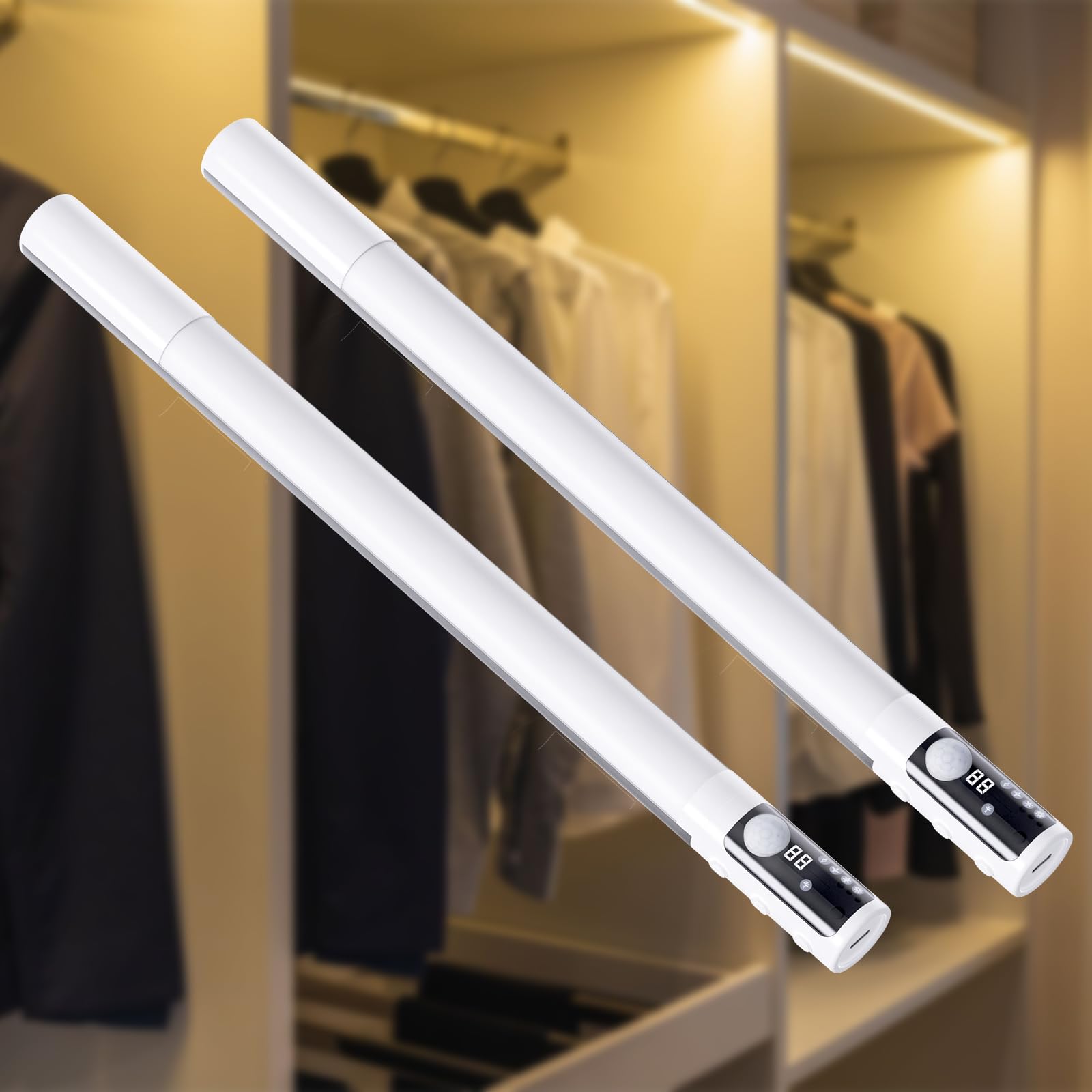 Quntis 38CM LED Sottopensile Cucina con Sensore di Movimento, 3 Modalità di Colore Luci LED Cucina, 2000 mAh Ricaricabile USB, Luci per Armadio con Display per Interno, 2 Pezzi, Bianco