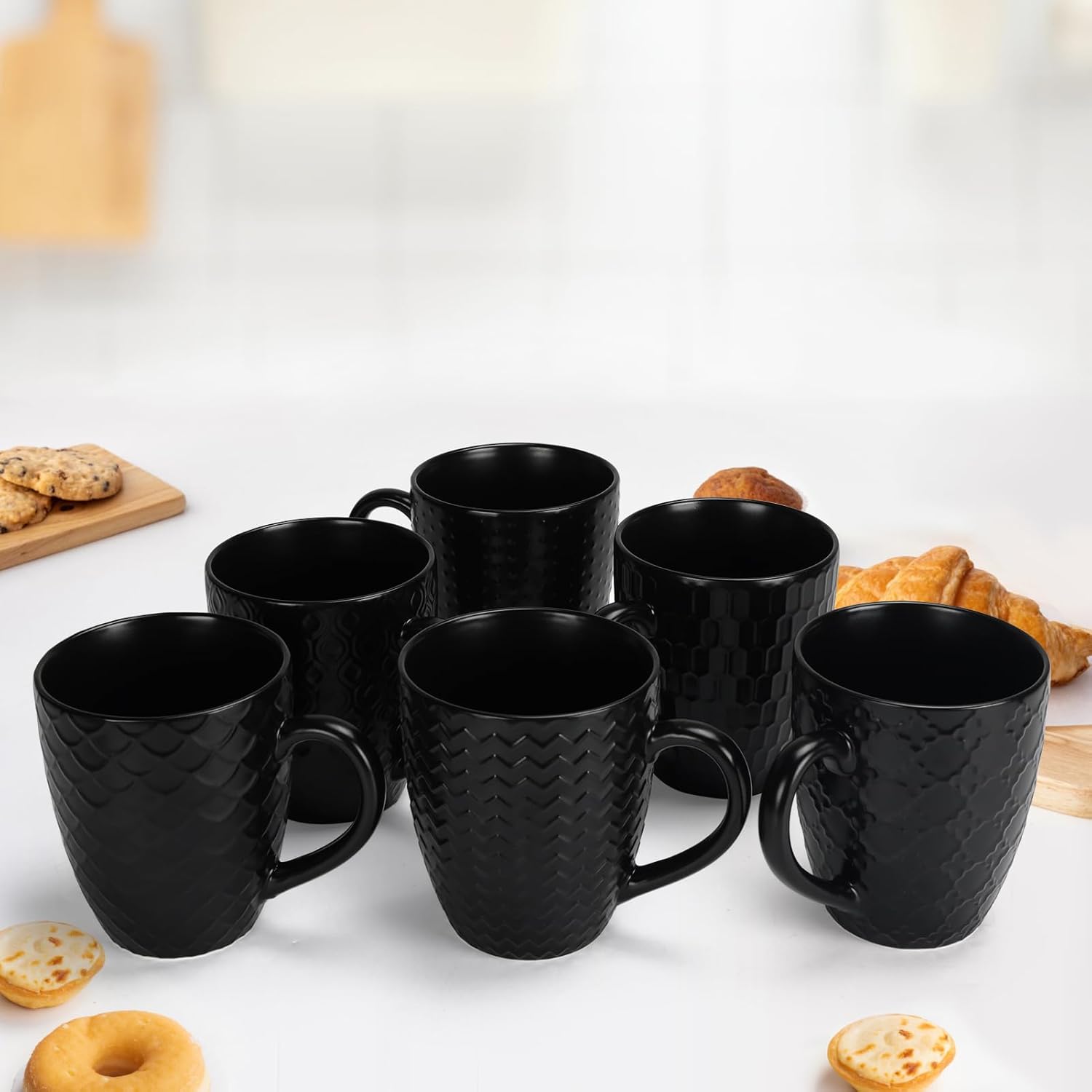 Schliersee 16 OZ Black Coffee Mugs Set of 6, Geometric Pattern Ceramic Coffee Mug Cups for Latte, Tea, Cappuccino, Mocha, Cocoa, Espresso cups