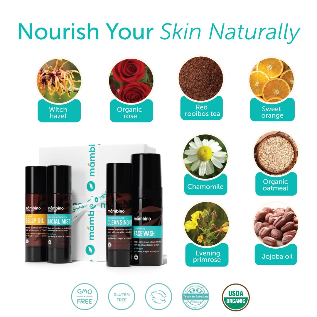 Mambino Organics - Zestaw na trzeci trymestr: pudełko upominkowe dla kobiet w ciąży z naturalnymi produktami do pielęgnacji skóry: antystress olejek na brzuch, olejek różany