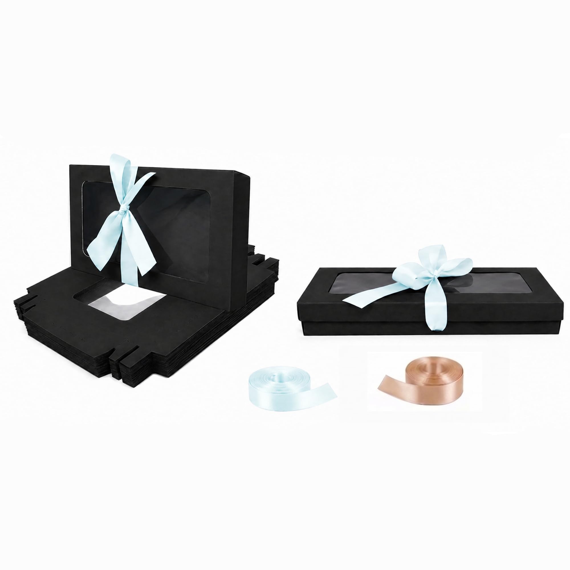 Emartbuy Pack of 12 Black Gift Boxes with Clear Window Lid & Light Blue Satin Ribbon - Small Slim 21 x 12.5 x 2.5 cm - Recyclable Kraft Presentation Box for Hampers, Treats, Weddings & Favours โ image 1
