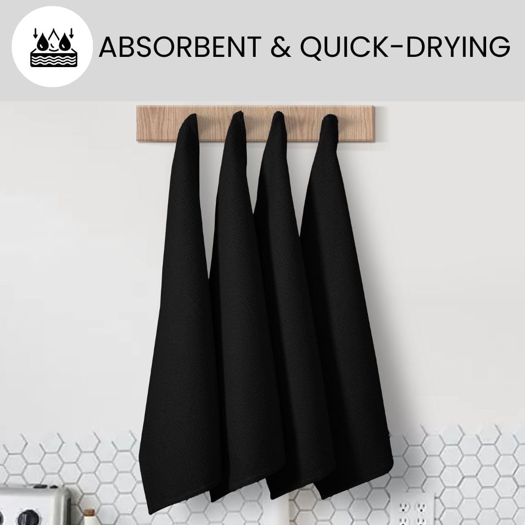 Waffle Kitchen Towels Large 16x26 inch 100% Cotton Set of 4 - Soft Absorbent Washable Tea Towel for Kitchen - Dish Cloths Quick Drying - 320 GSM Quality Dish Towels Black